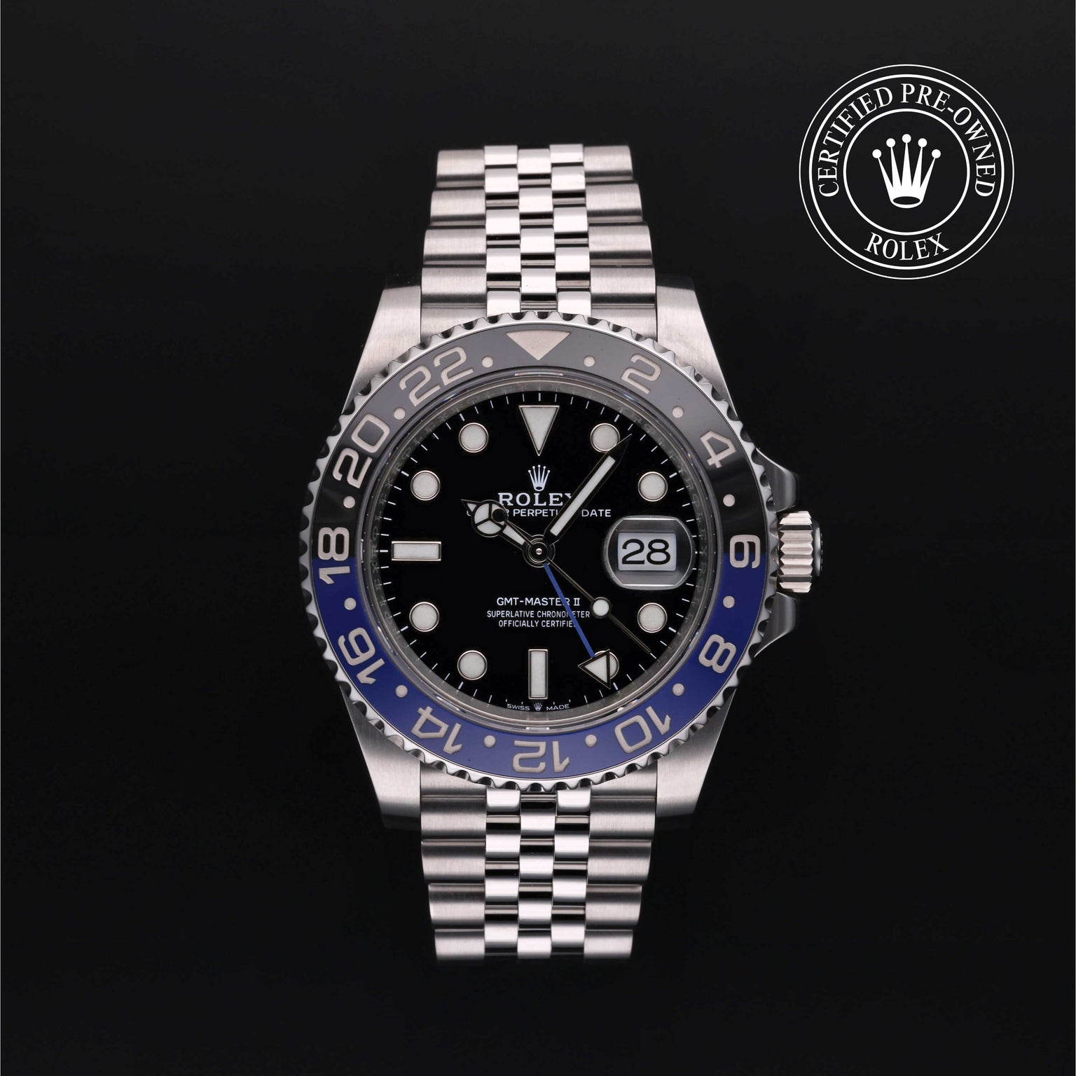 Rolex Certified Pre-owned GMT II M126710BLNR-0002 front on black background