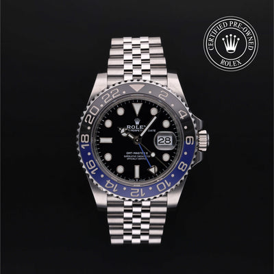 Rolex Certified Pre-owned GMT II M126710BLNR-0002 front on black background