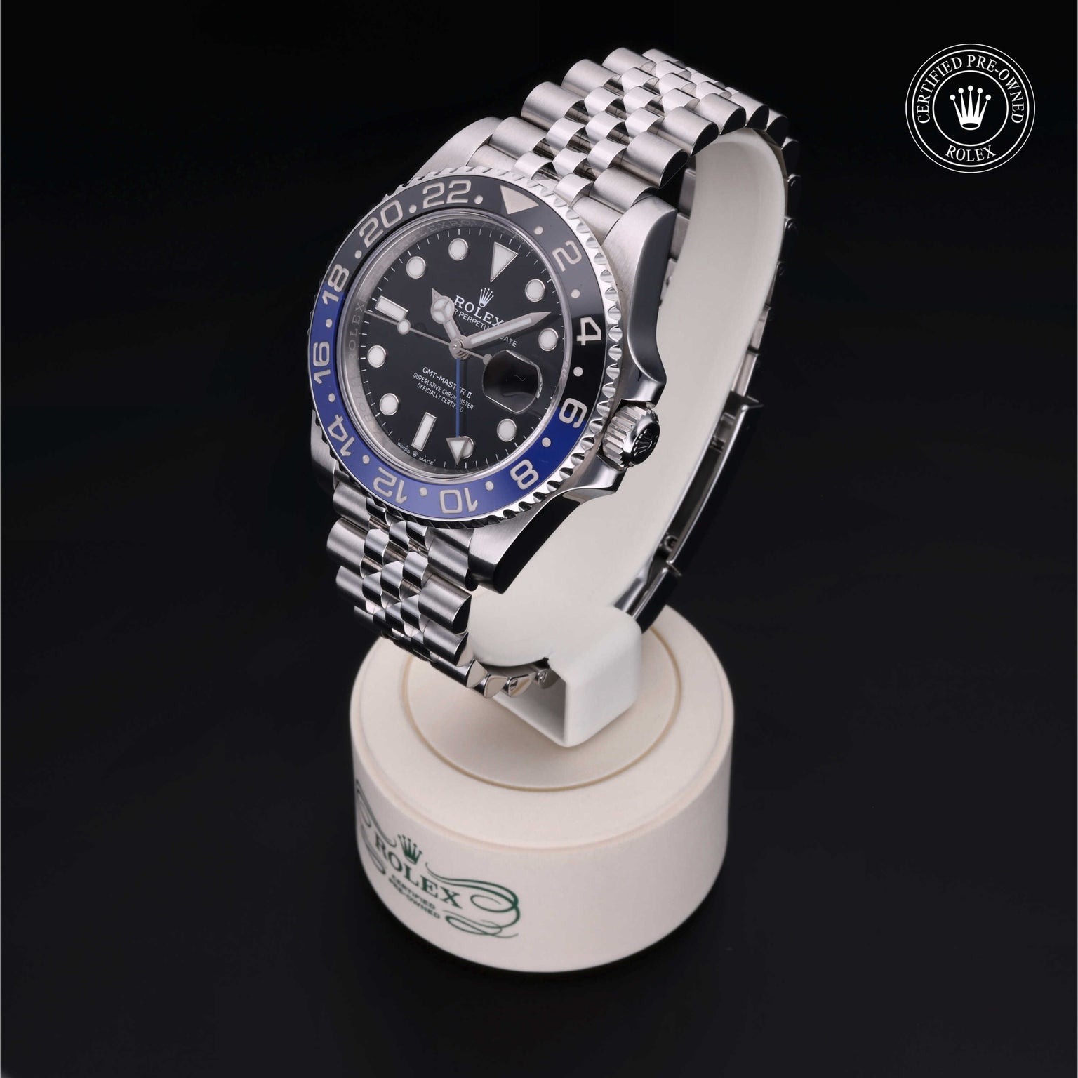 Rolex Certified Pre-owned GMT II M126710BLNR-0002 front on black background