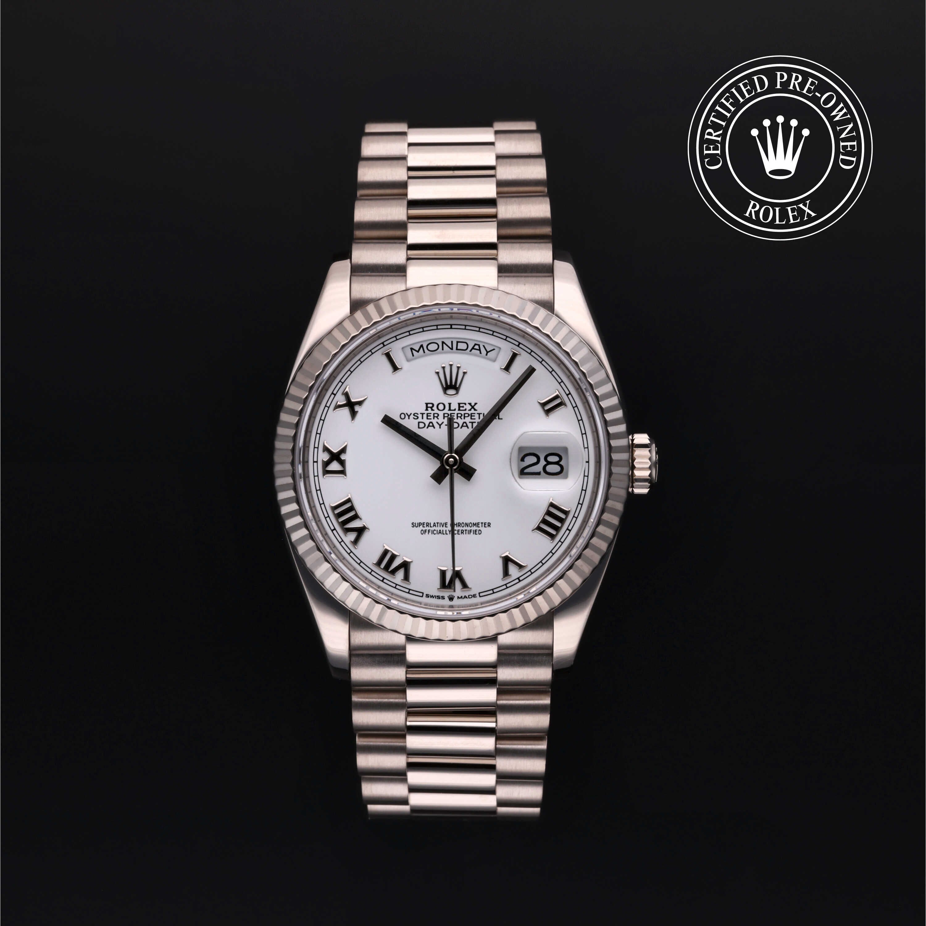 Rolex Certified Pre-owned Day-date M128239-0038 front on black background