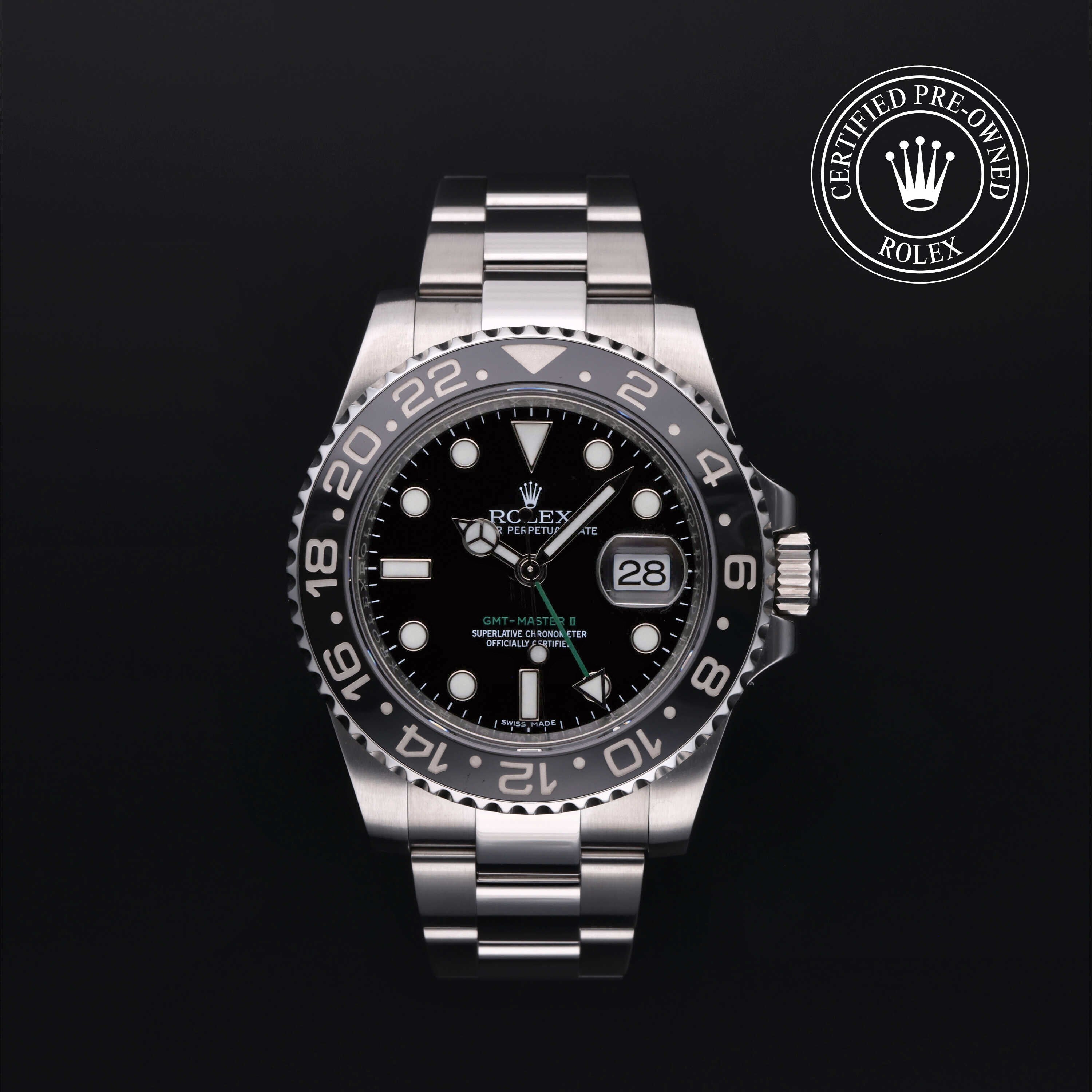 Rolex Certified Pre-owned GMT M116710LN-0001 front on black background