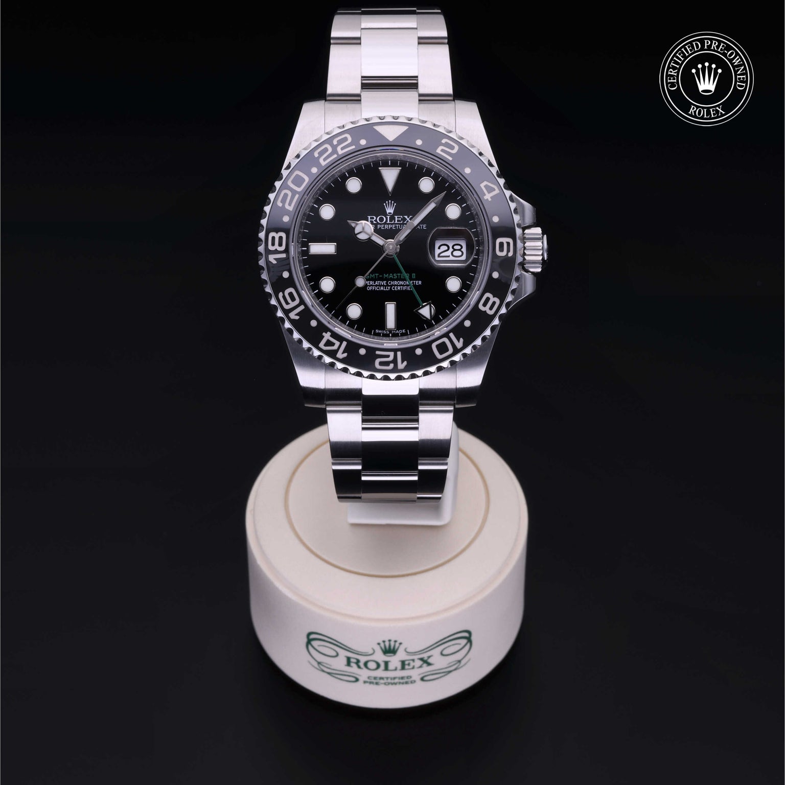 Rolex Certified Pre-owned GMT M116710LN-0001 front on black background