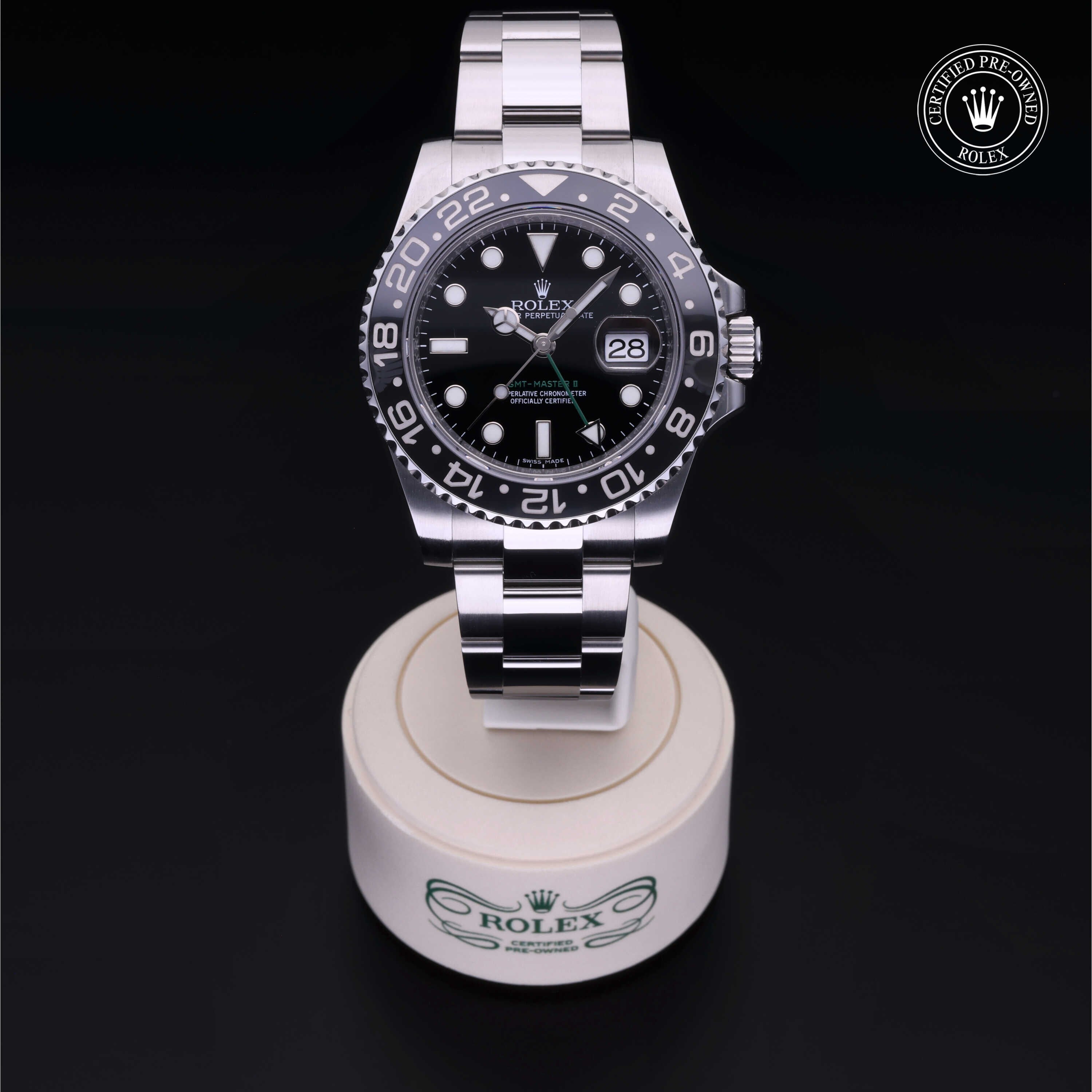 Rolex Certified Pre-owned GMT M116710LN-0001 front on black background