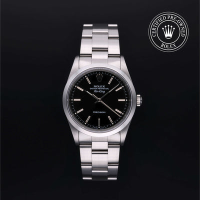 Rolex Certified Pre-owned Air-King M14000-0005 front on black background