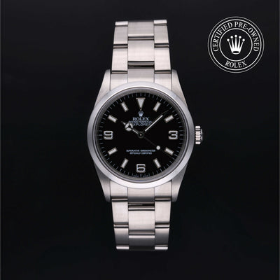 Rolex Certified Pre-owned Explorer M114270-0002 front on black background