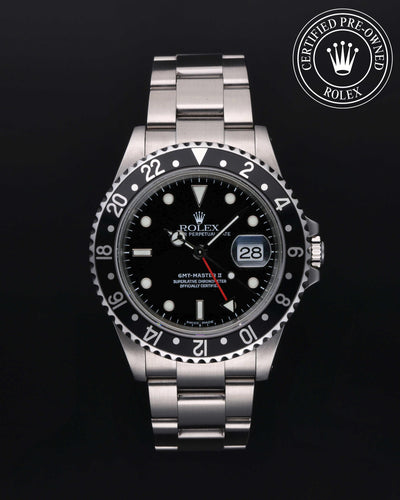 Rolex Certified Pre-owned GMT M16710LN-0004 front on black background