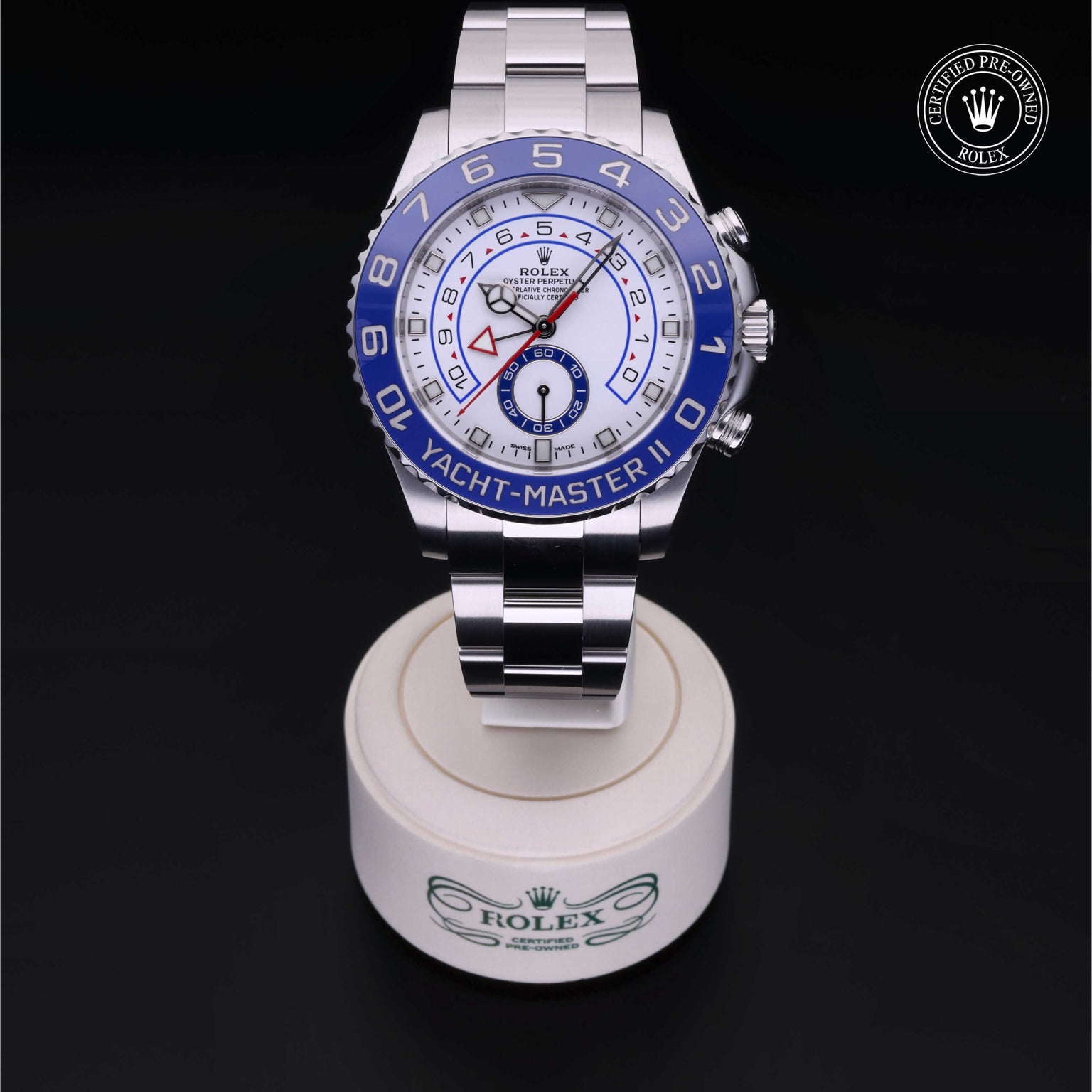 Rolex Certified Pre-owned Yacht-Master II M116680-0002 front on black background