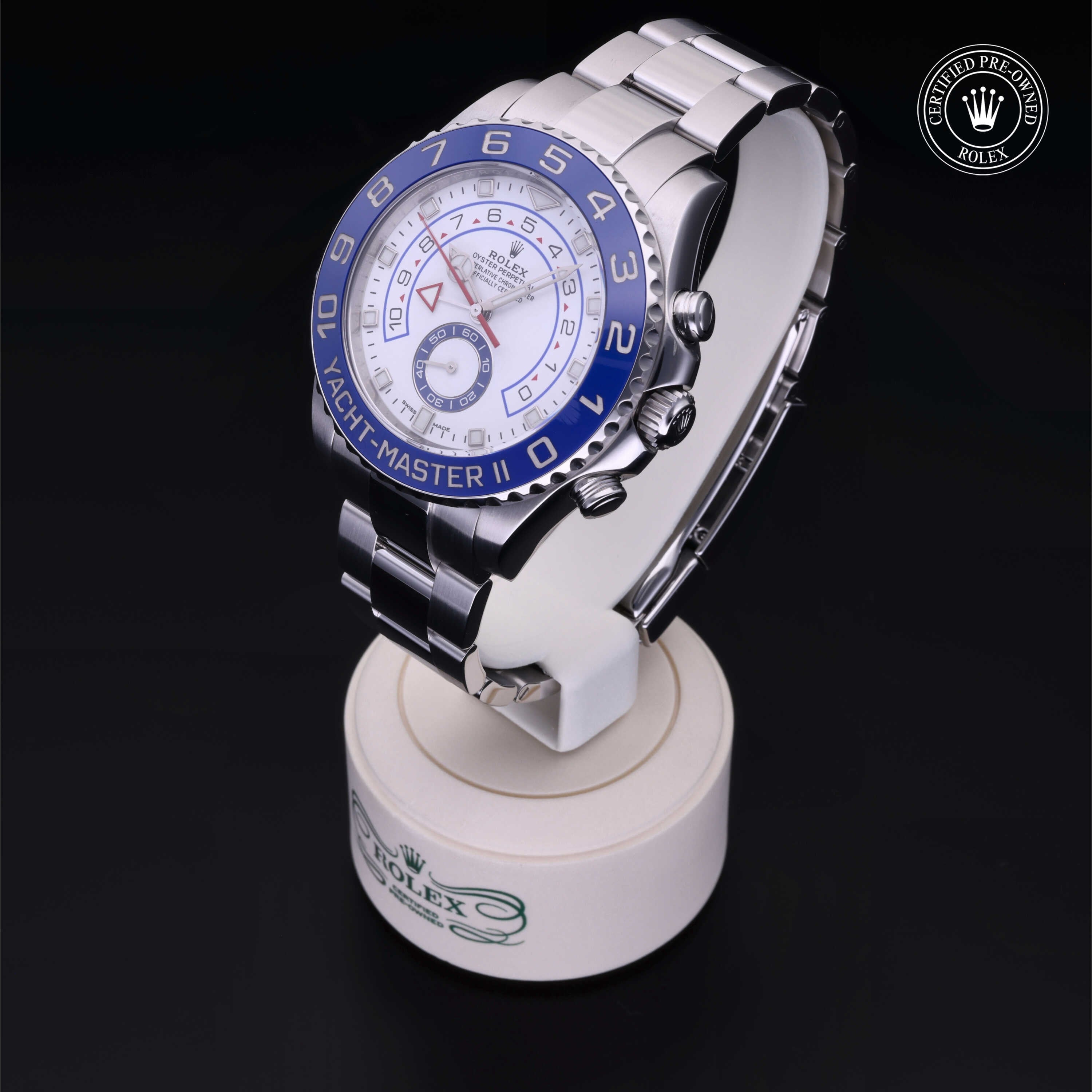 Rolex Certified Pre-owned Yacht-Master II M116680-0002 front on black background