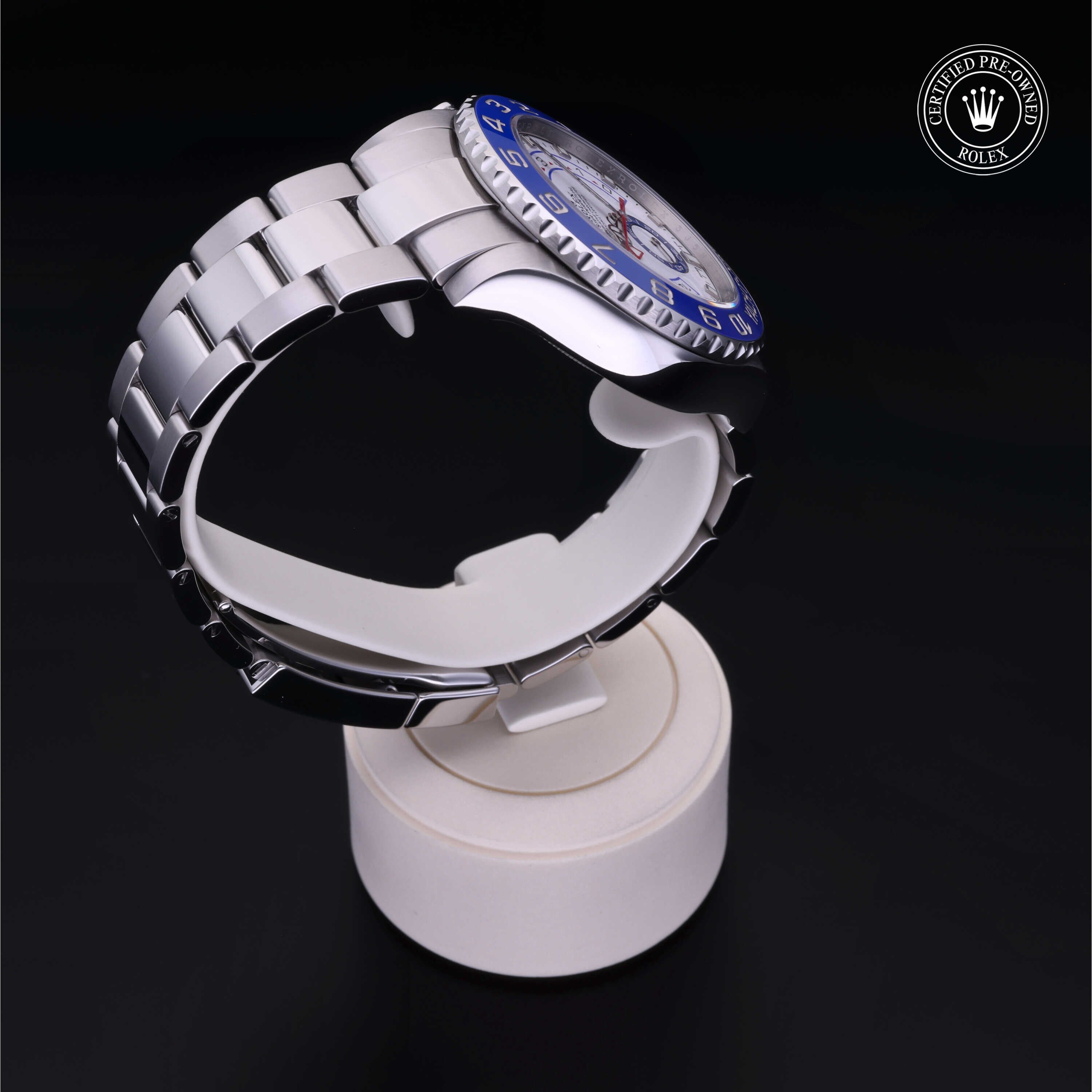 Rolex Certified Pre-owned Yacht-Master II M116680-0002 front on black background