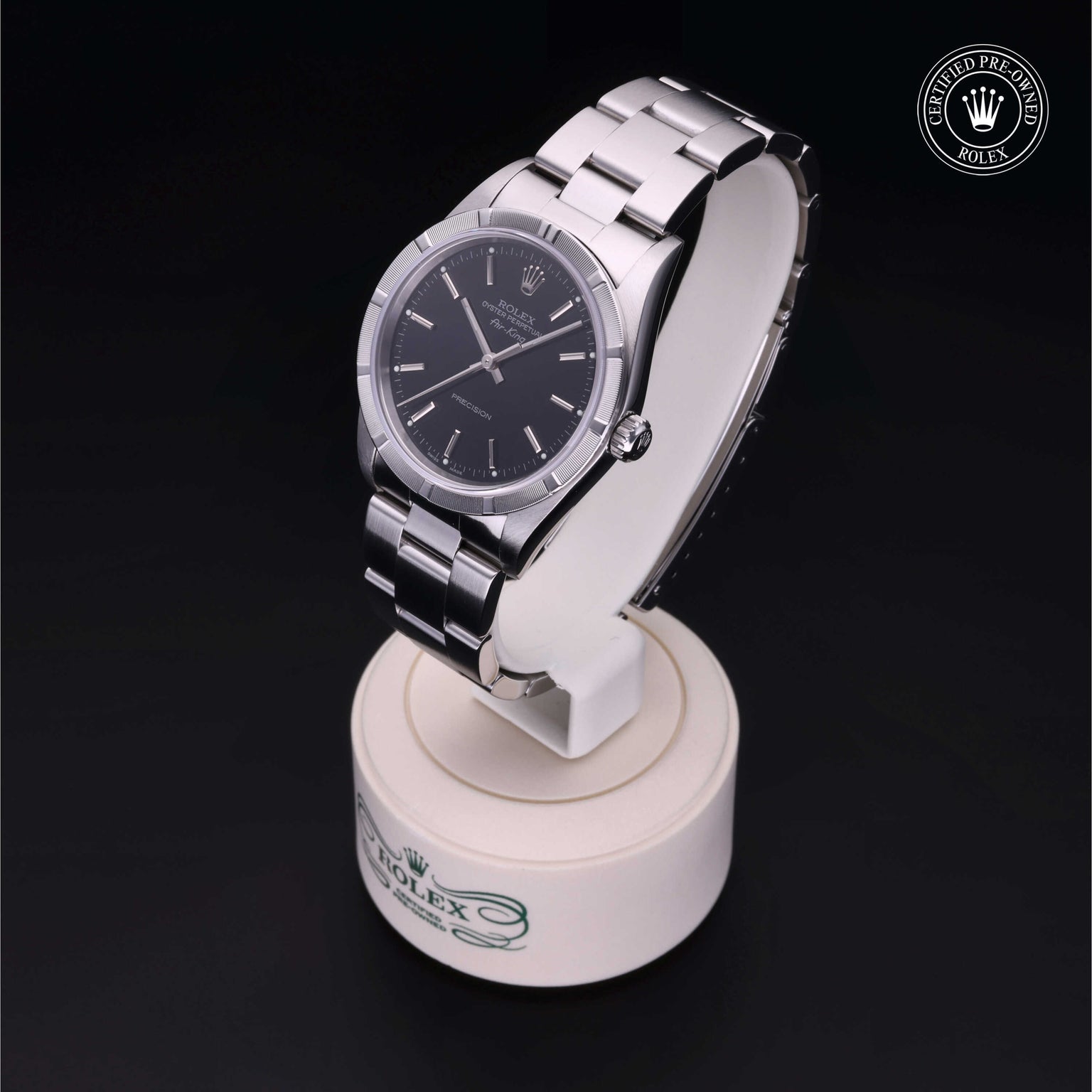 Rolex Certified Pre-owned Air-King M14010M-0012 front on black background