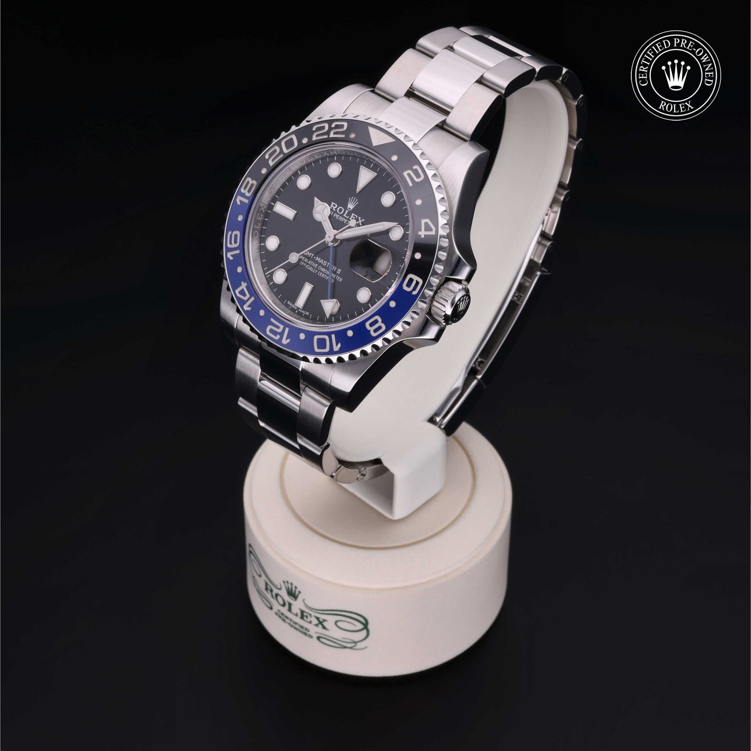 Rolex Certified Pre-owned GMT M116710BLNR-0002 front on black background