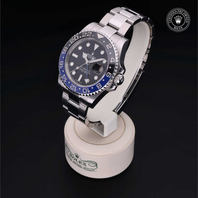 Rolex Certified Pre-owned GMT M116710BLNR-0002 front on black background