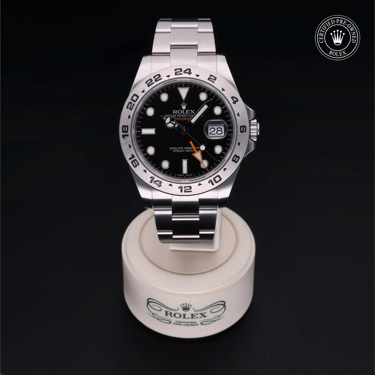 Rolex Certified Pre-owned Explorer M216570-0002 front on black background