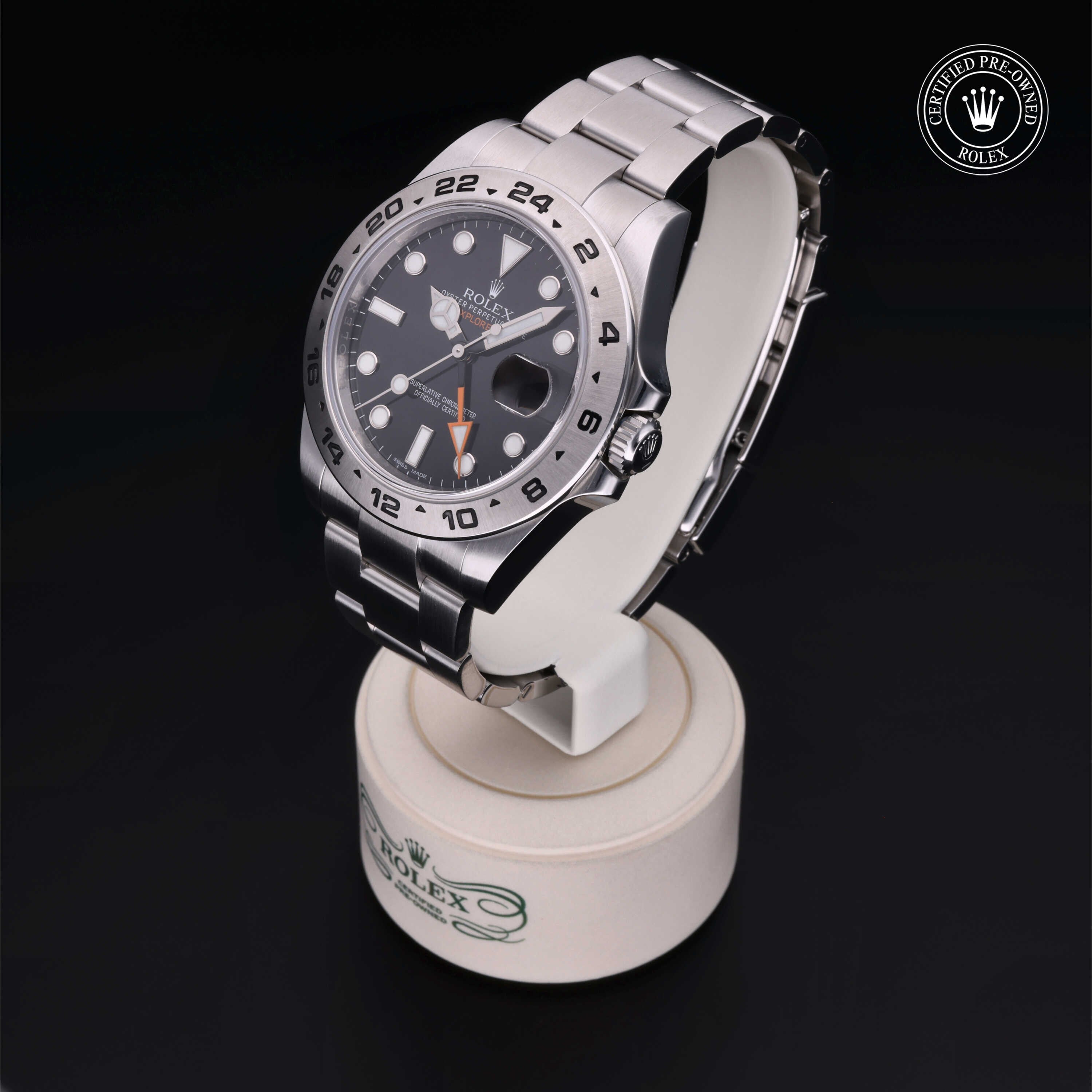 Rolex Certified Pre-owned Explorer M216570-0002 front on black background