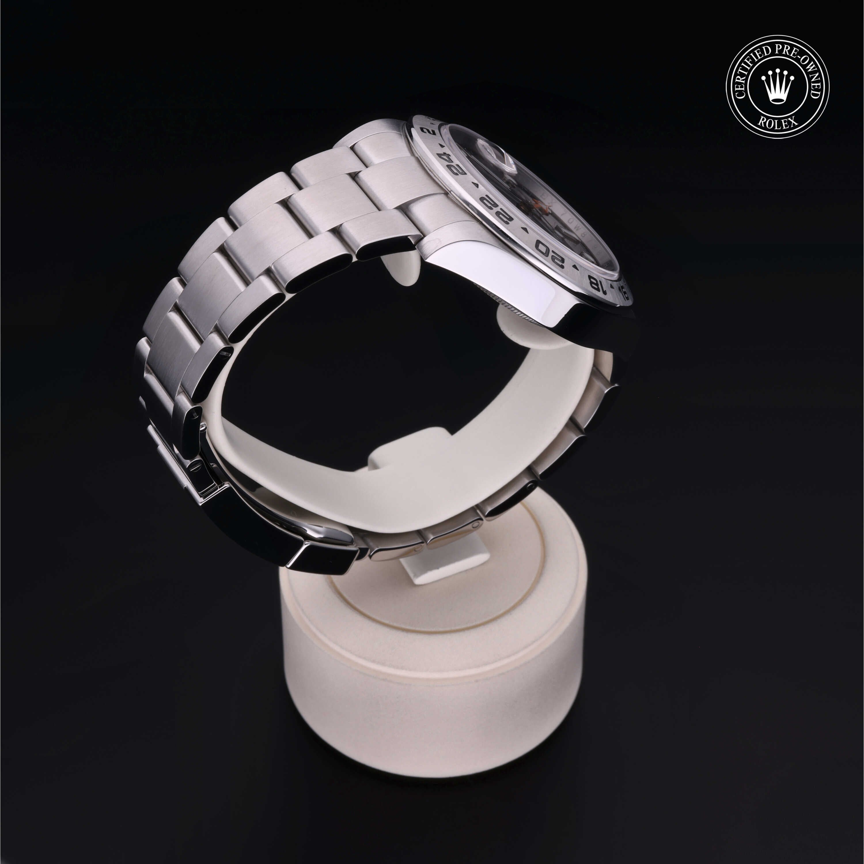 Rolex Certified Pre-owned Explorer M216570-0002 front on black background
