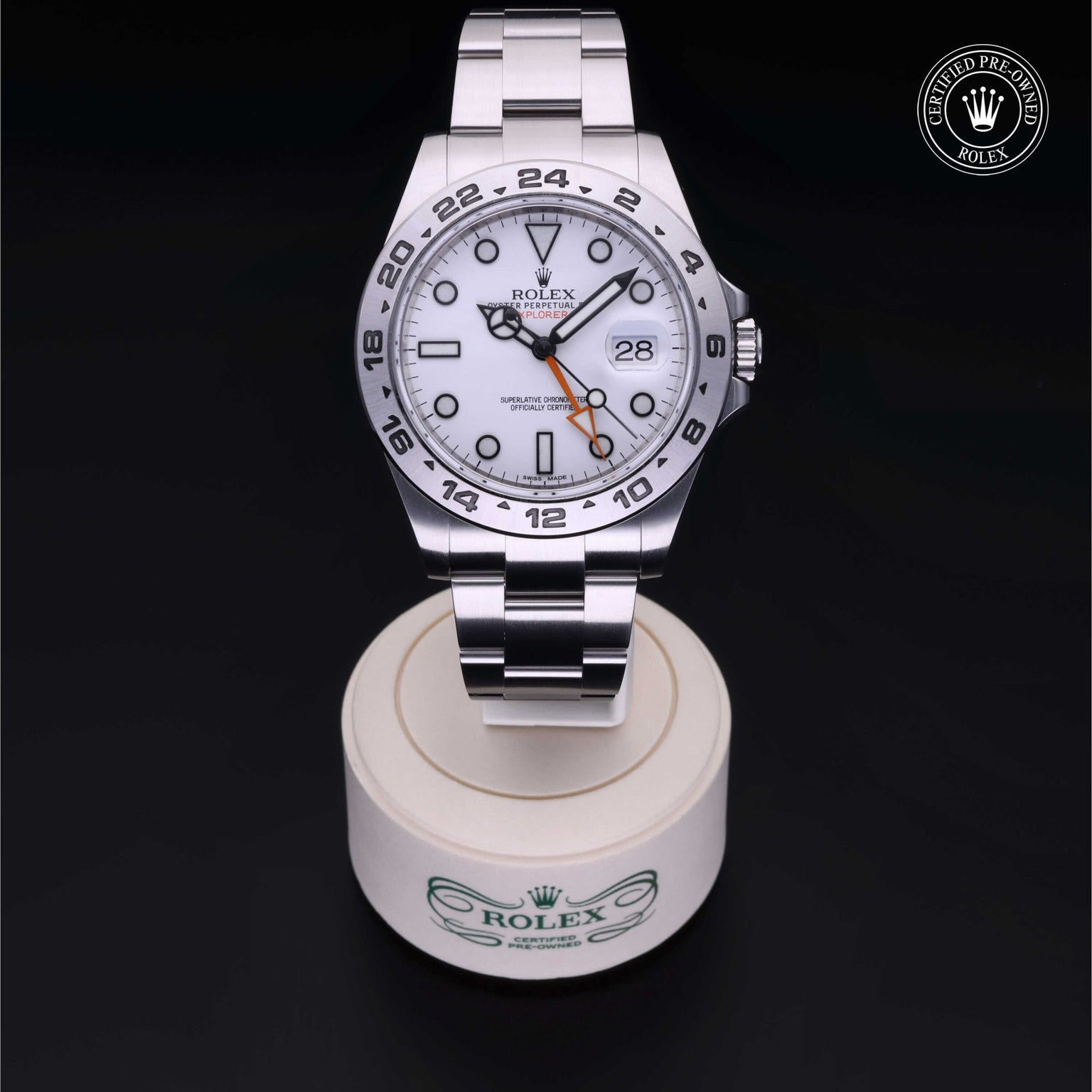 Rolex Certified Pre-owned Explorer M216570-0001 front on black background