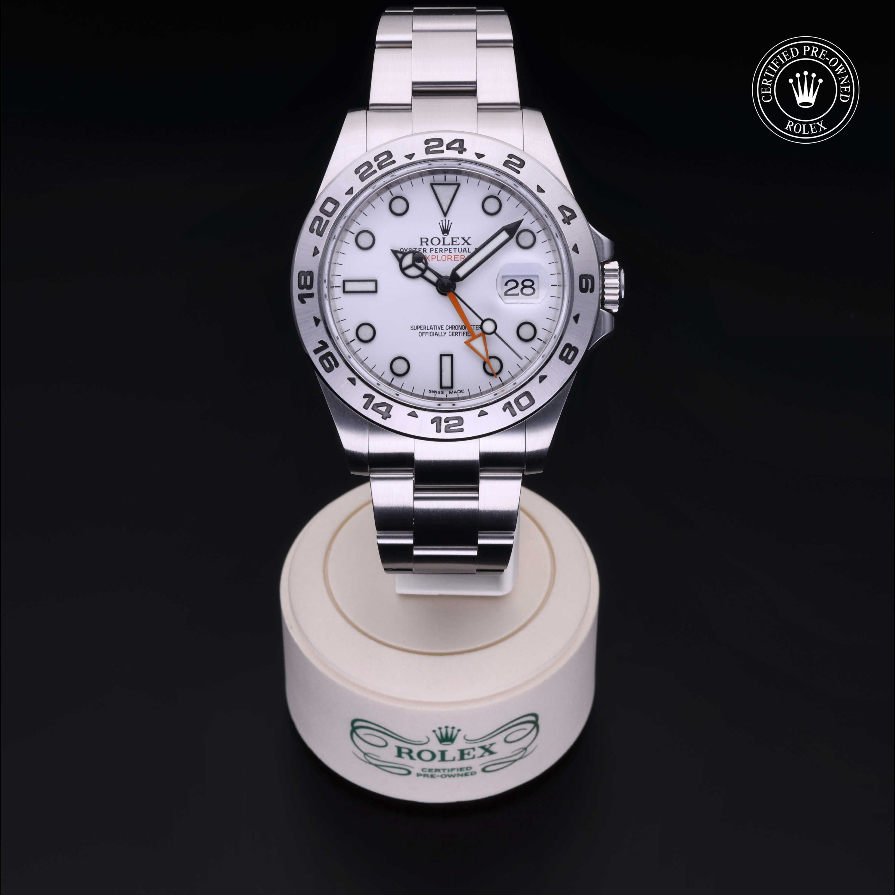 Rolex Certified Pre-owned Explorer M216570-0001 front on black background
