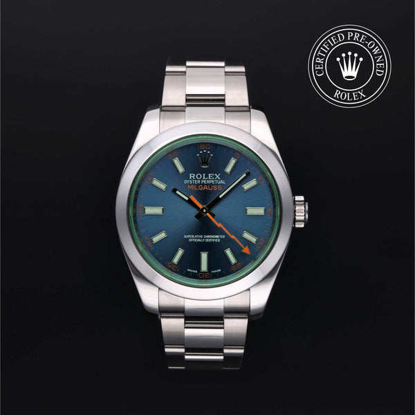 Rolex Certified Pre-owned Milgauss M116400GV-0002 front on black background