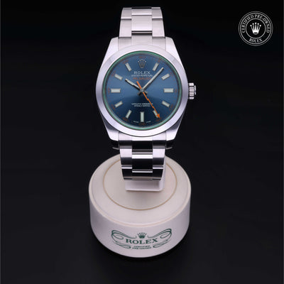 Rolex Certified Pre-owned Milgauss M116400GV-0002 front on black background