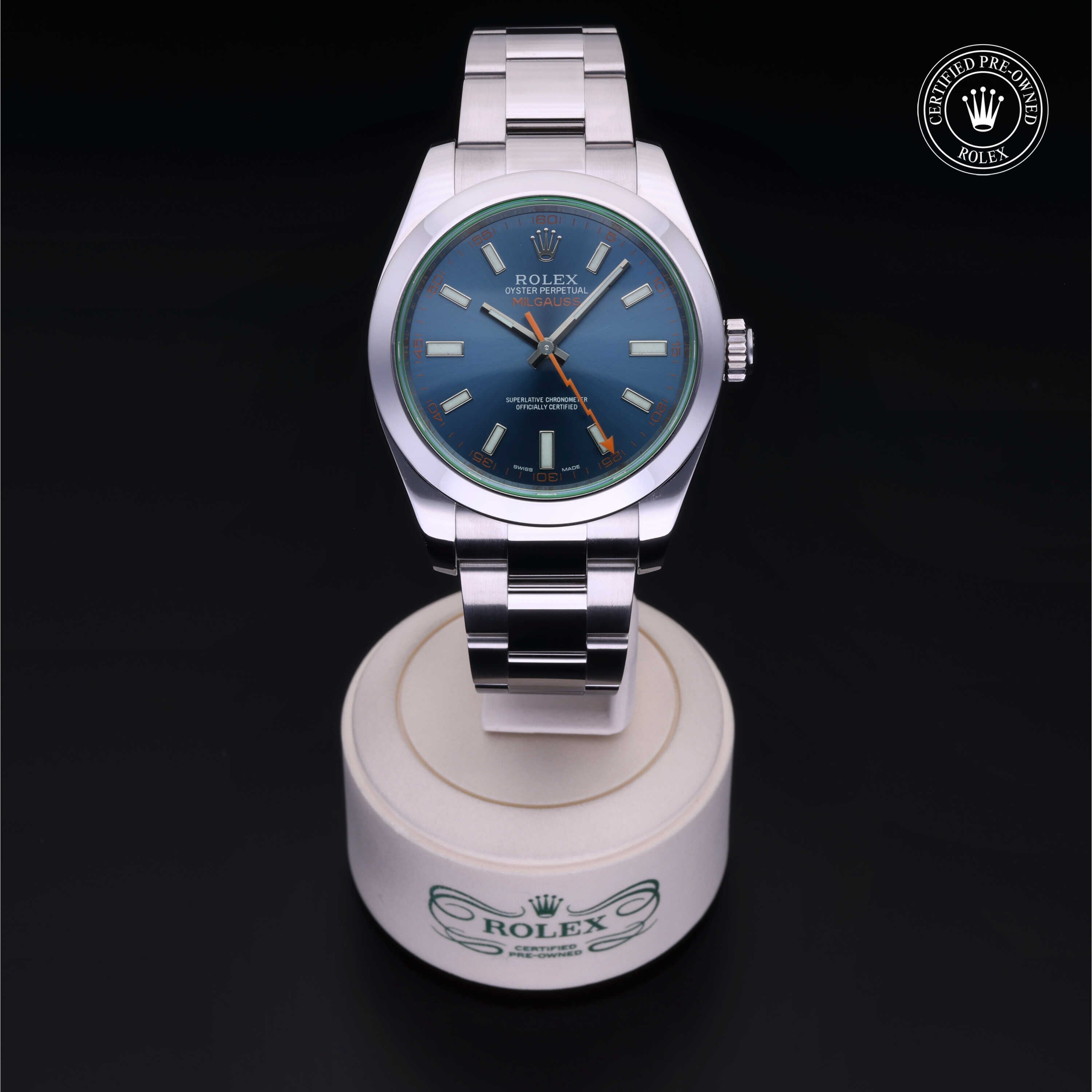 Rolex Certified Pre-owned Milgauss M116400GV-0002 front on black background