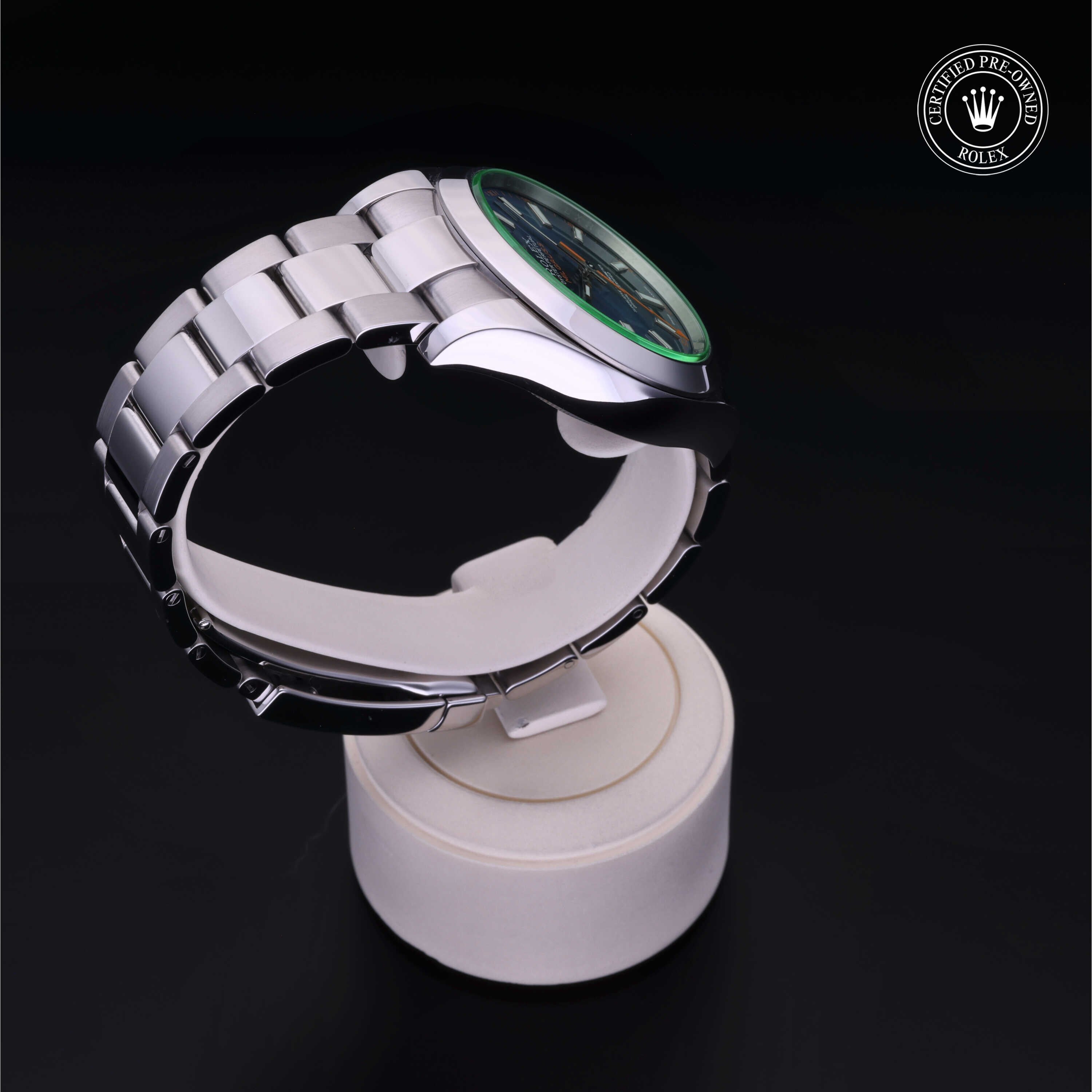 Rolex Certified Pre-owned Milgauss M116400GV-0002 front on black background