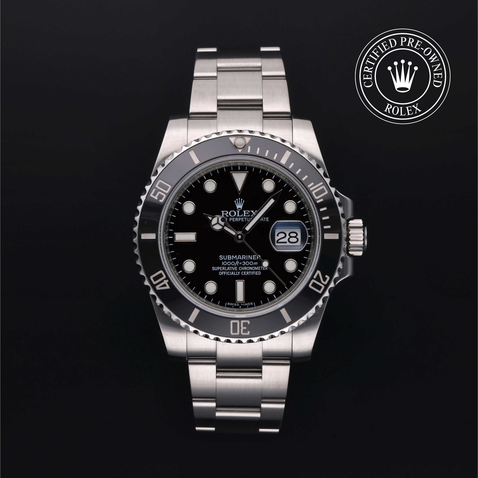 Rolex Certified Pre-owned Submariner M116610LN-0001 front on black background
