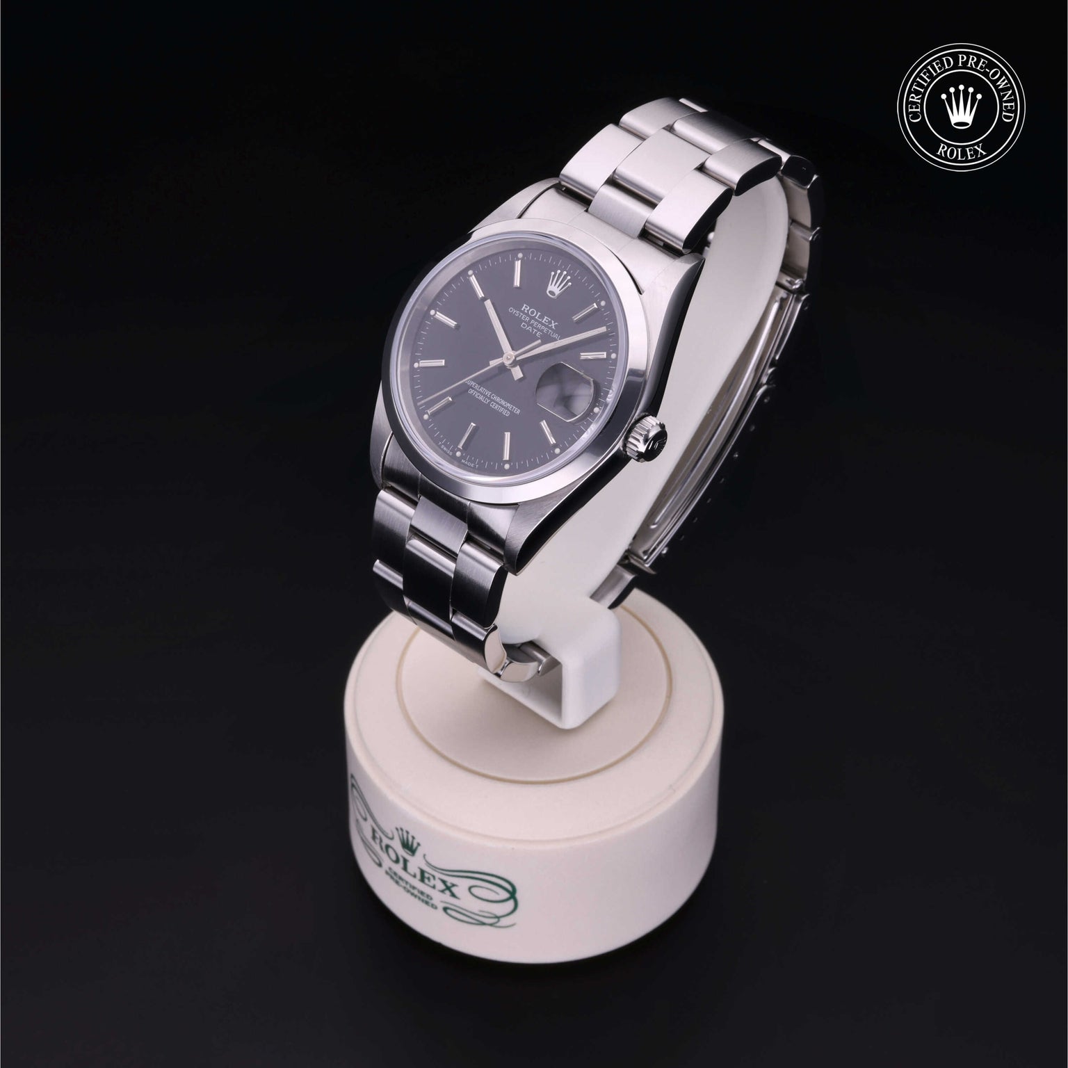 Rolex Certified Pre-owned Date M15200-0009 front on black background