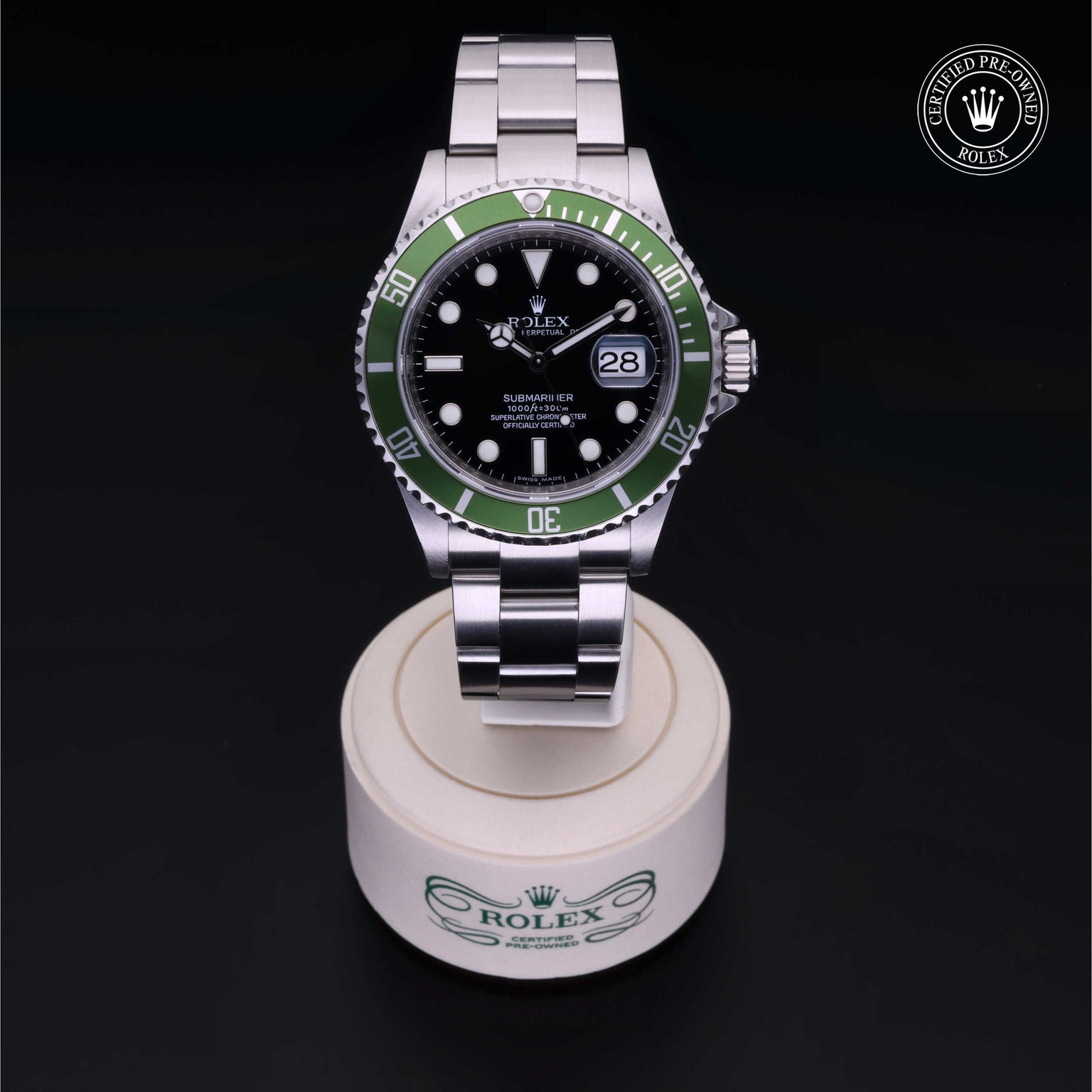 Rolex Certified Pre-owned Submariner M16610LV-0002 front on black background
