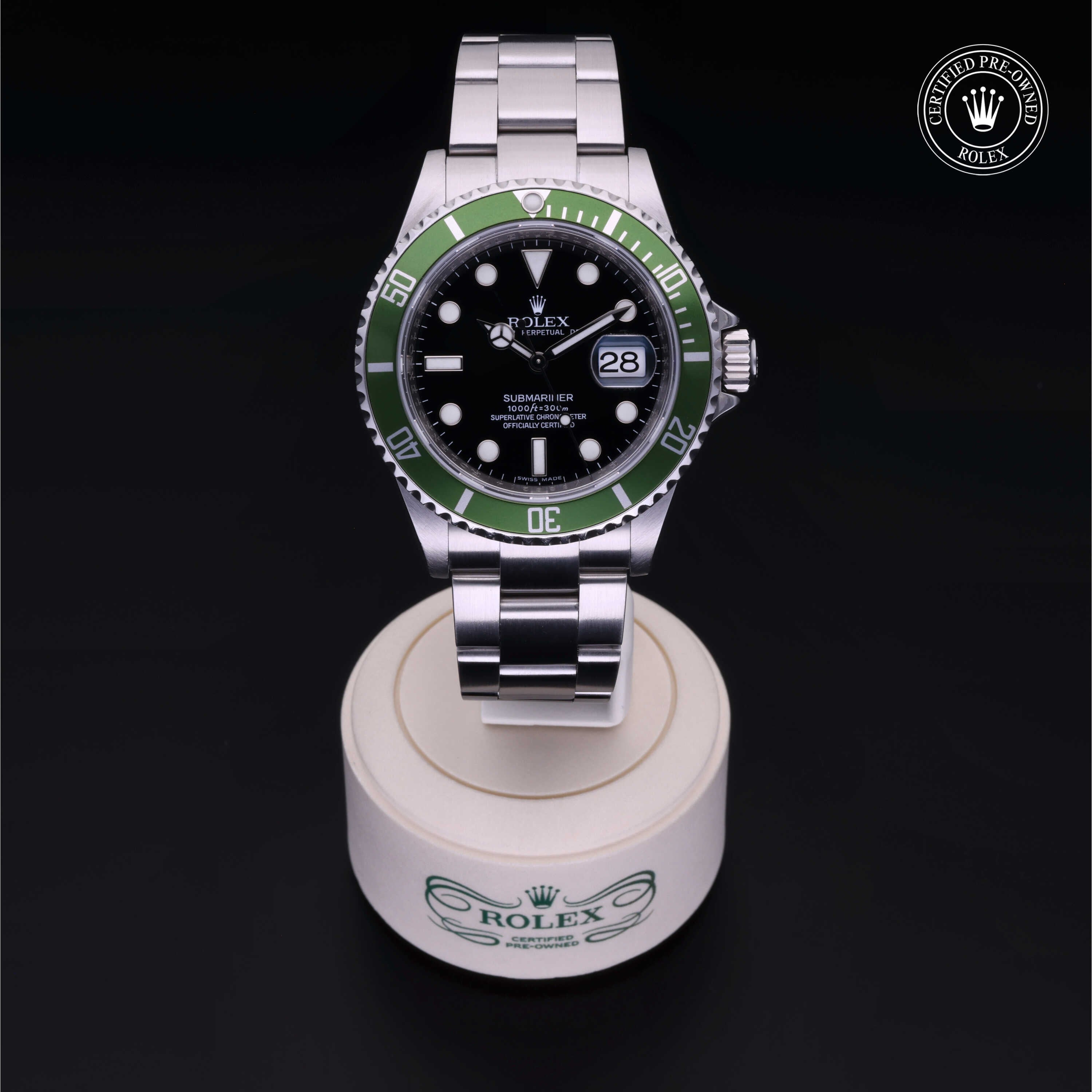 Rolex Certified Pre-owned Submariner M16610LV-0002 front on black background