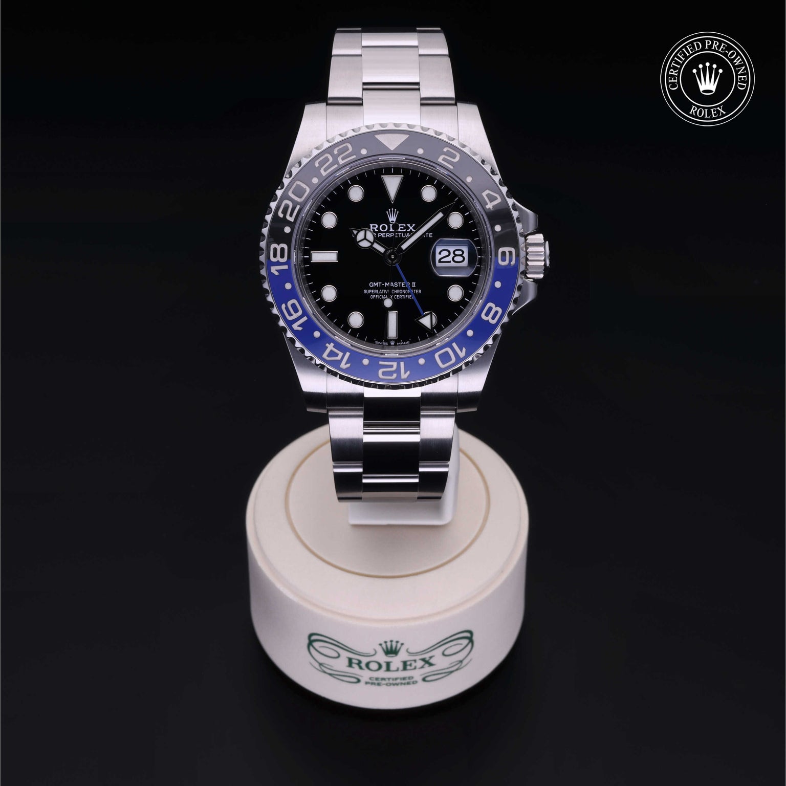Rolex Certified Pre-owned GMT II M126710BLNR-0003 front on black background