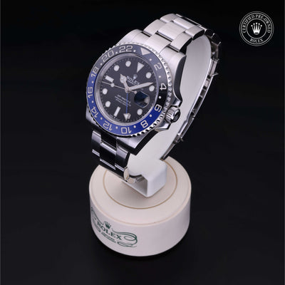 Rolex Certified Pre-owned GMT II M126710BLNR-0003 front on black background