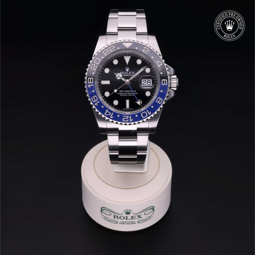Rolex Certified Pre-owned GMT M116710BLNR-0002 front on black background