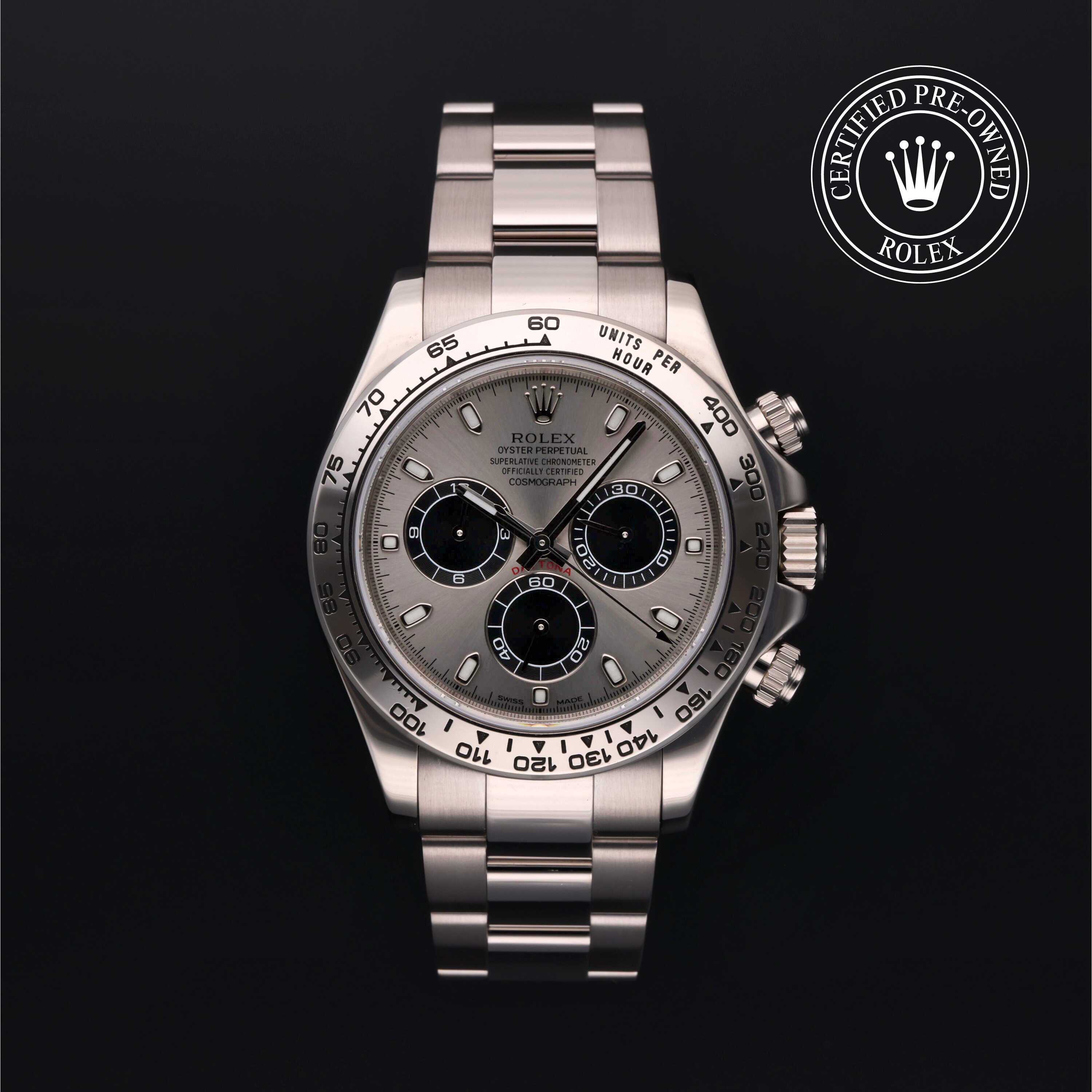 Rolex Certified Pre-owned Daytona M116509-0072 front on black background
