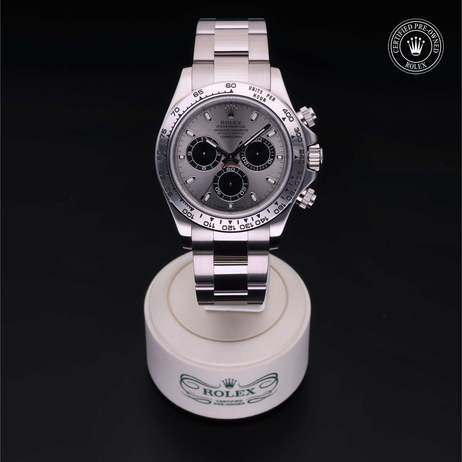 Rolex Certified Pre-owned Daytona M116509-0072 front on black background
