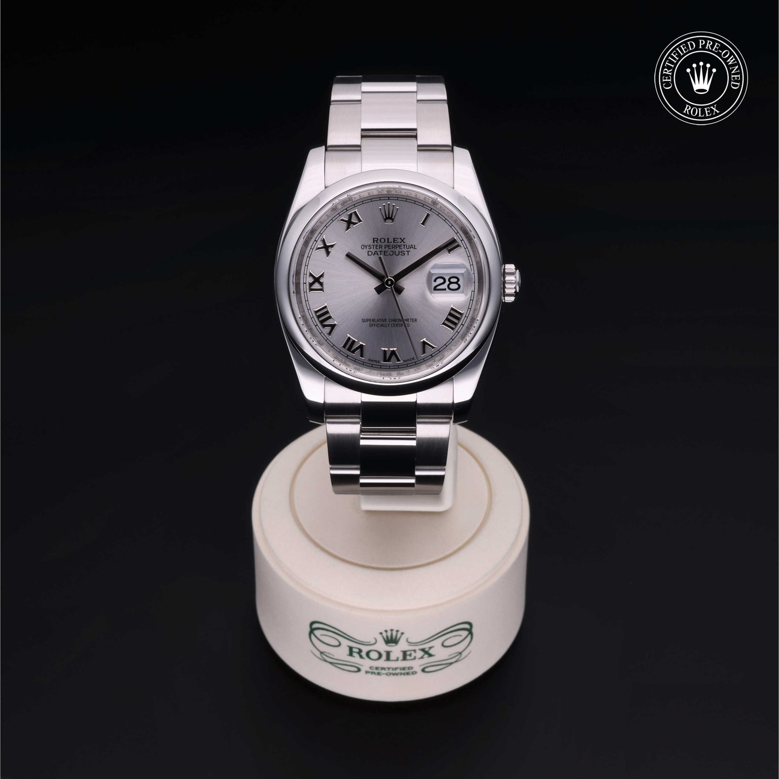 Rolex Certified Pre-owned Datejust M116200-0017 front on black background