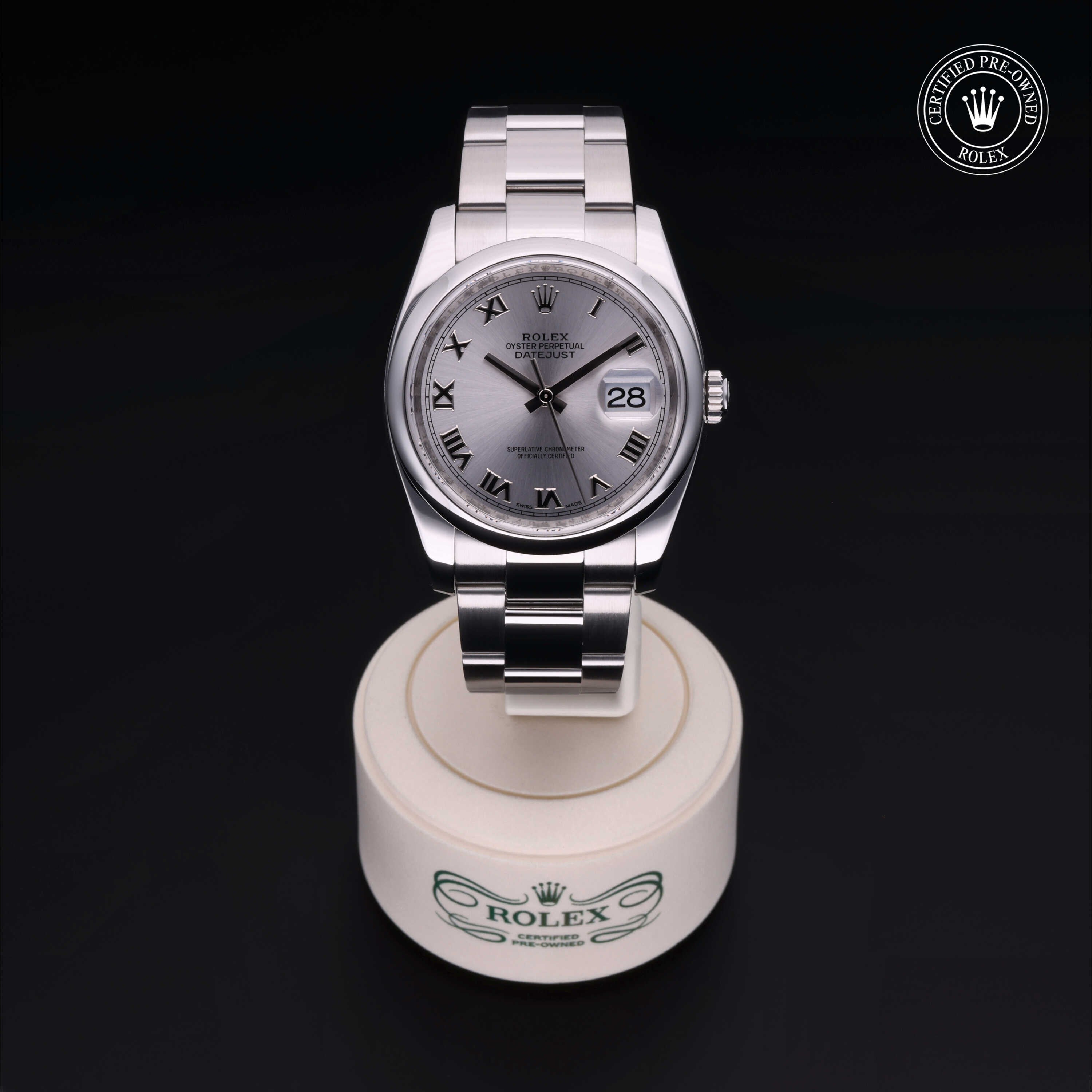 Rolex Certified Pre-owned Datejust M116200-0017 front on black background