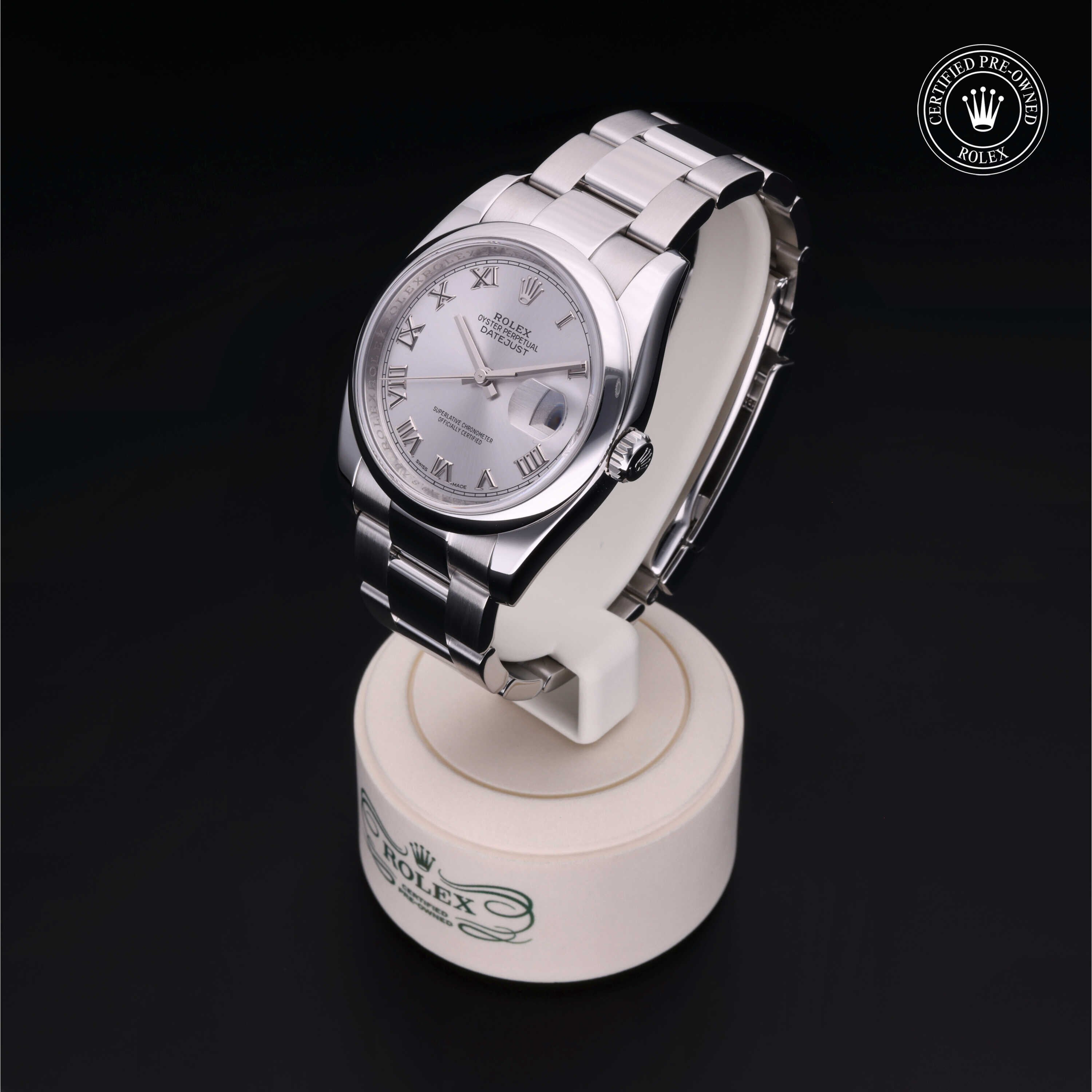 Rolex Certified Pre-owned Datejust M116200-0017 front on black background
