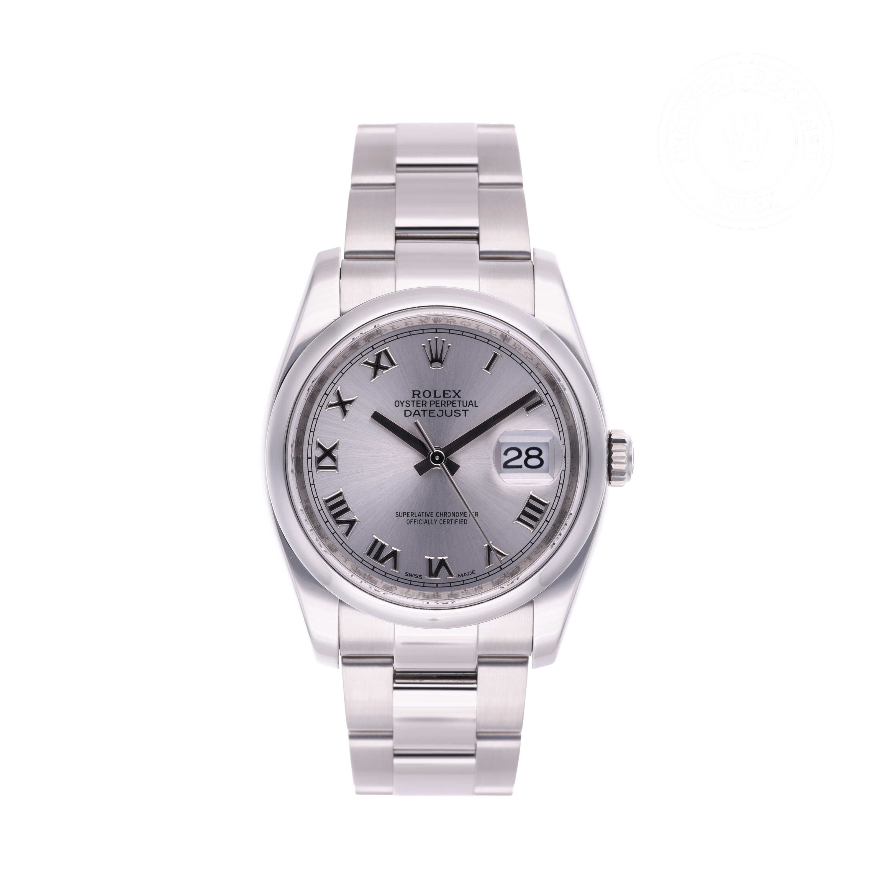 Rolex Certified Pre-owned Datejust M116200-0017 front on white background