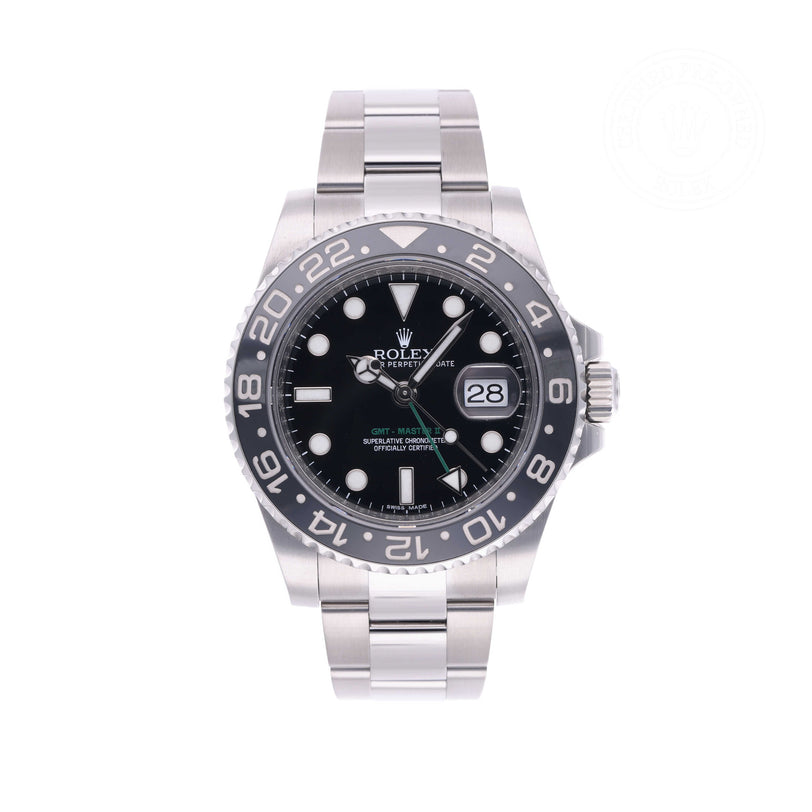 Rolex Certified Pre-owned GMT M116710LN-0001 front on white background