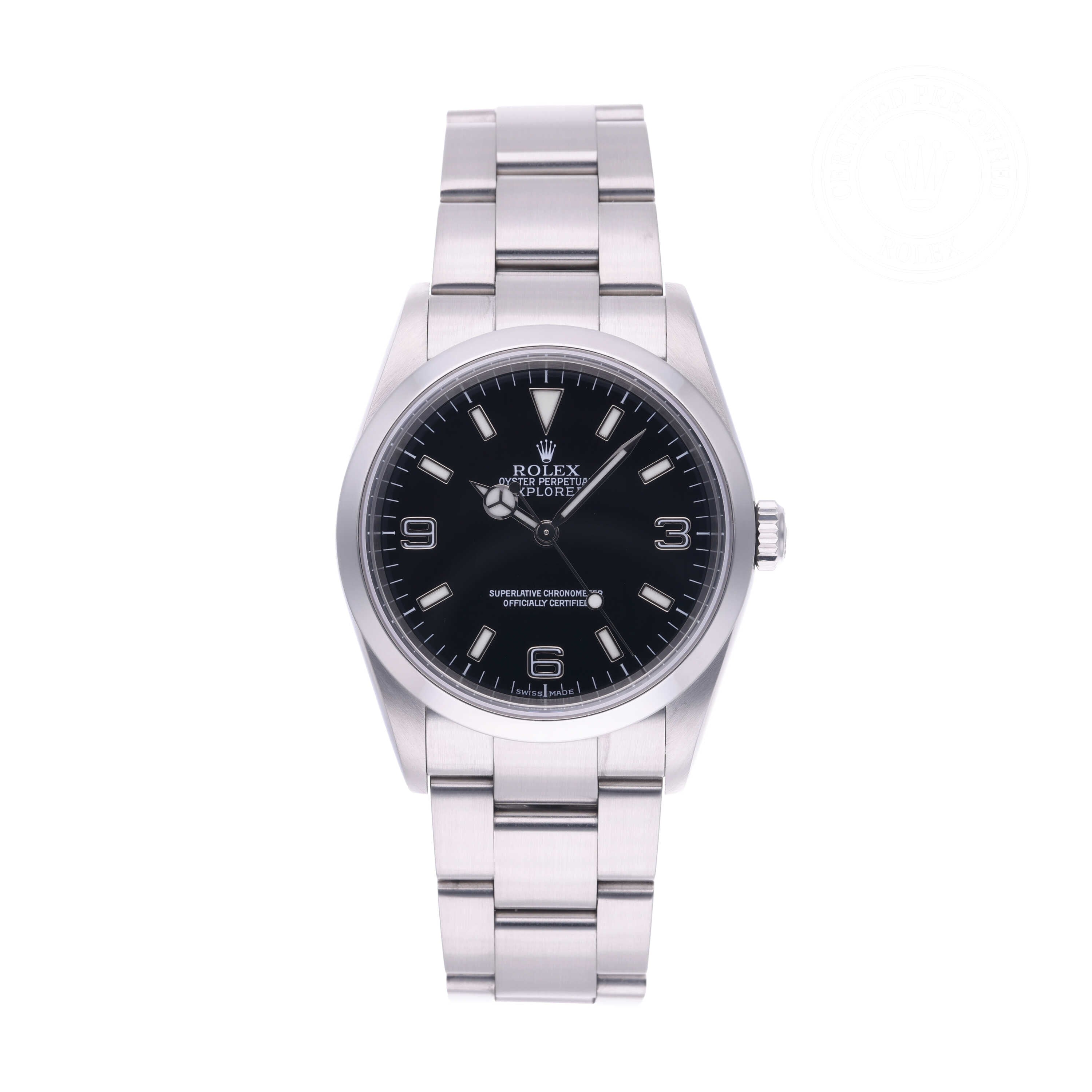 Rolex Certified Pre-owned Explorer M114270-0002 front on white background