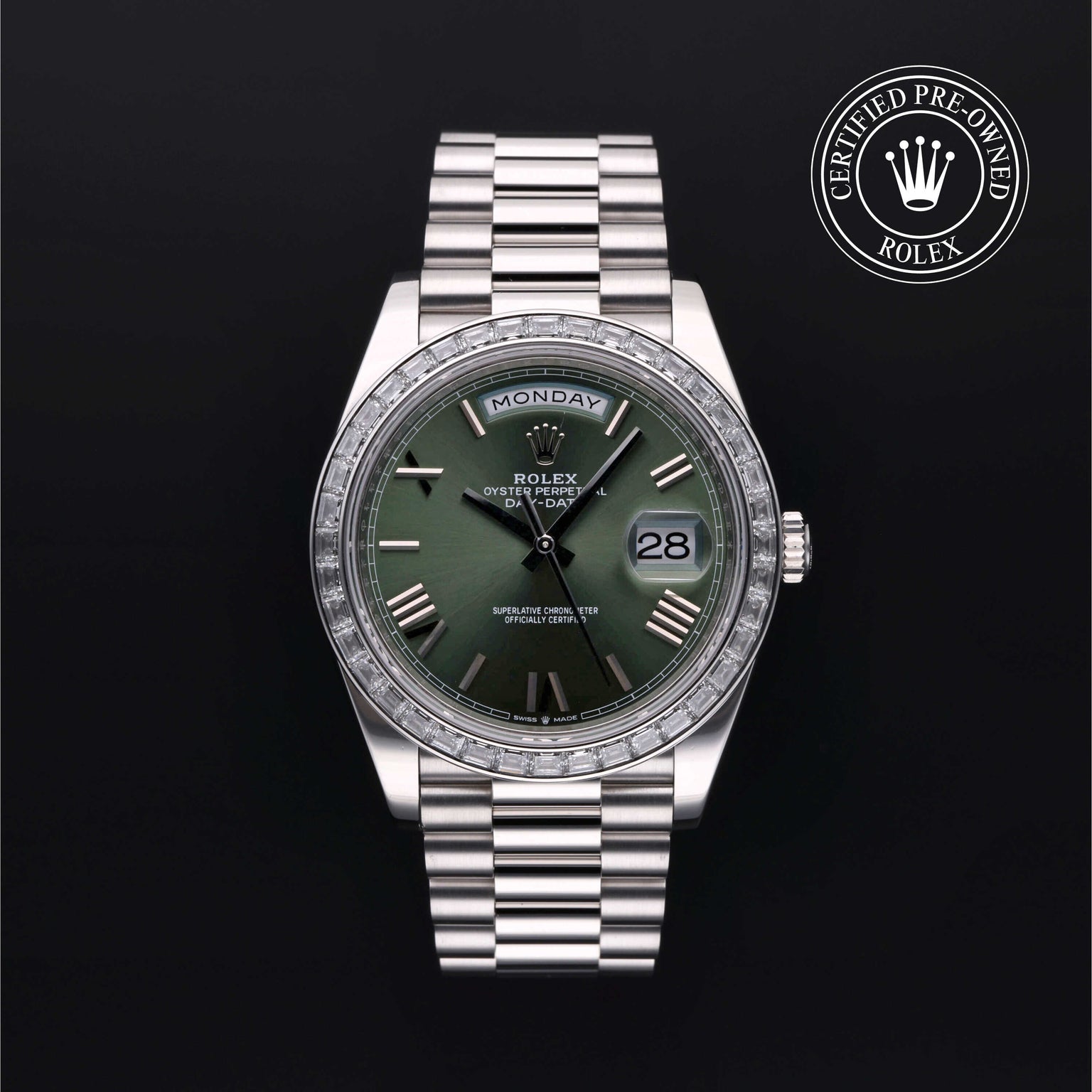 Rolex Certified Pre-owned Day-date M228396TBR-0020 front on black background