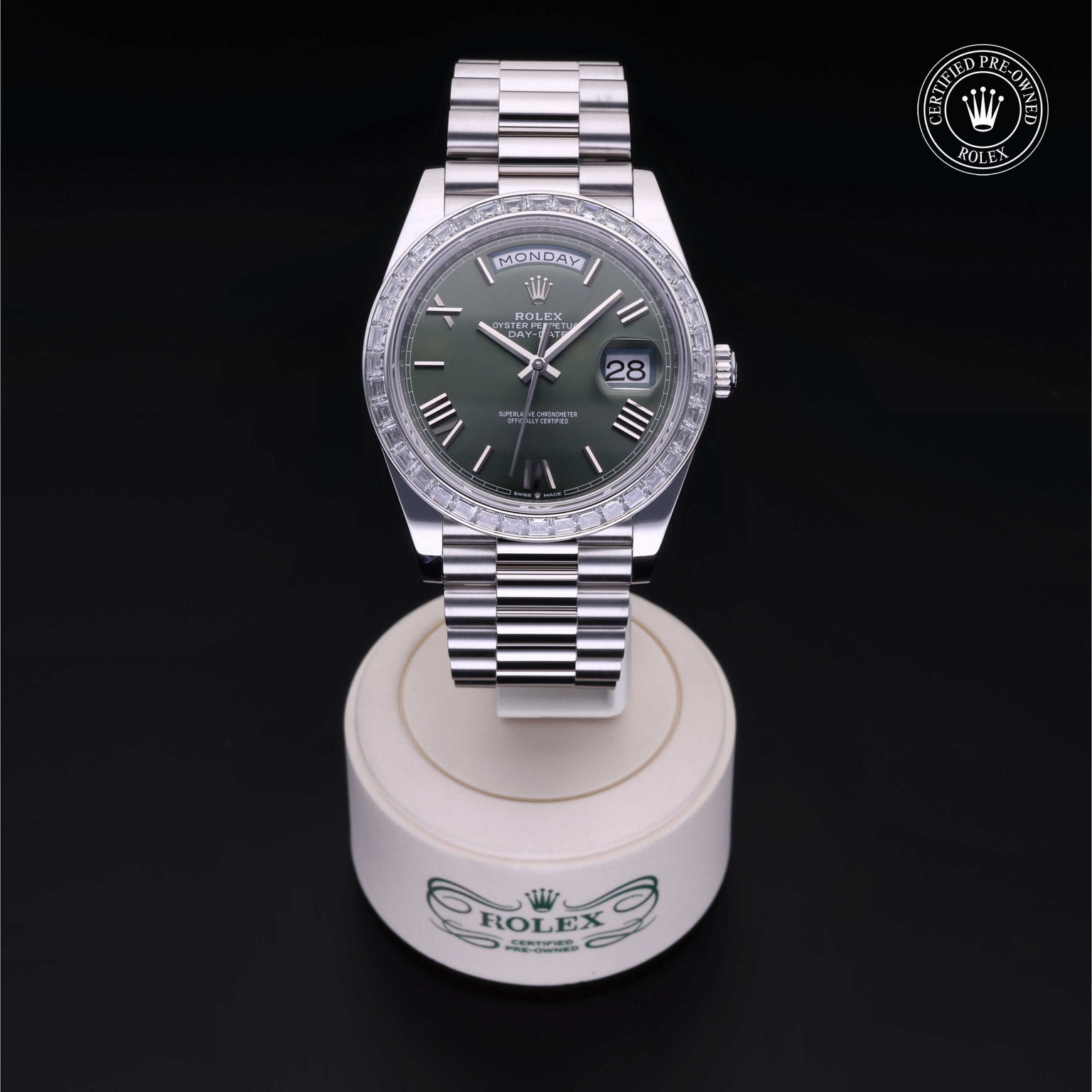 Rolex Certified Pre-owned Day-date M228396TBR-0020 front on black background