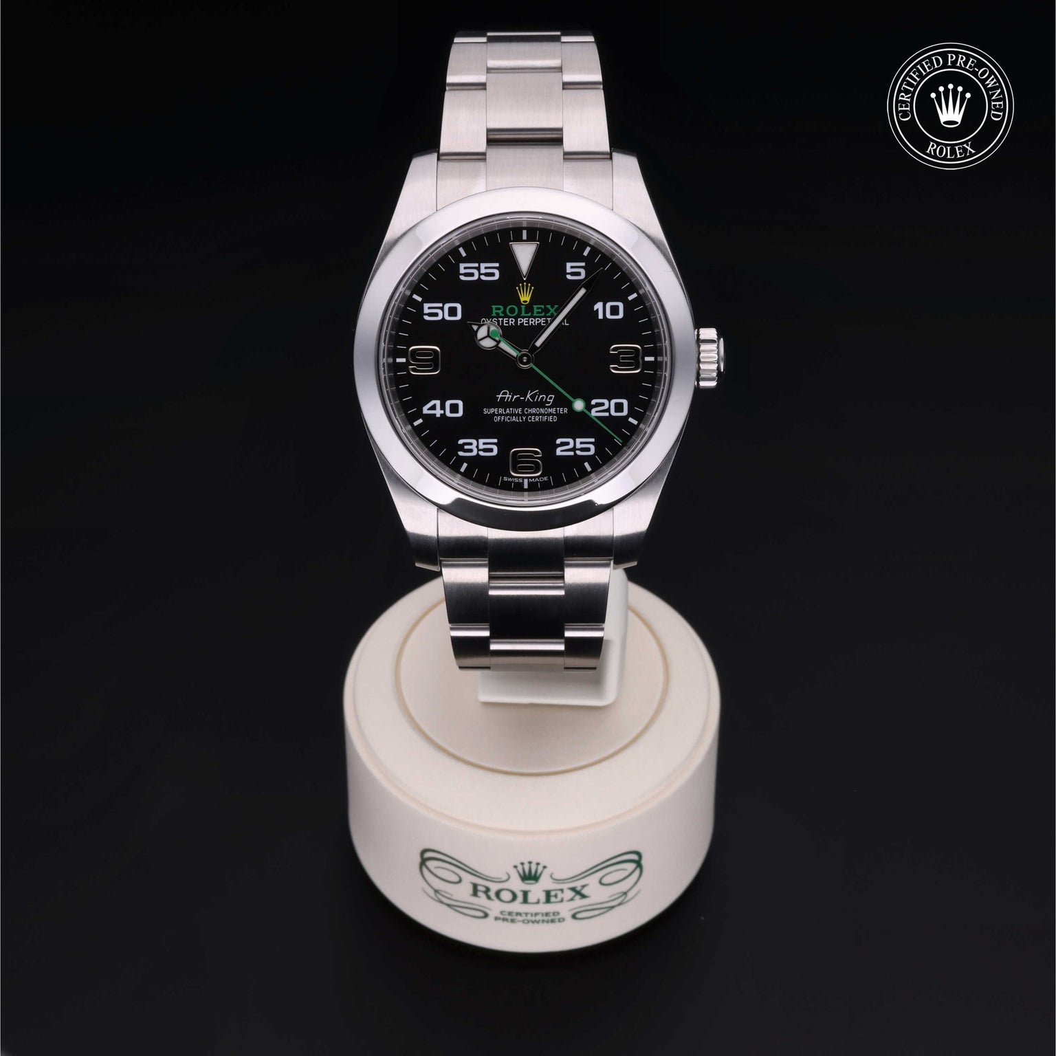 Rolex Certified Pre-owned Air-King M116900-0001 front on black background