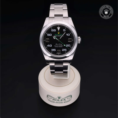Rolex Certified Pre-owned Air-King M116900-0001 front on black background