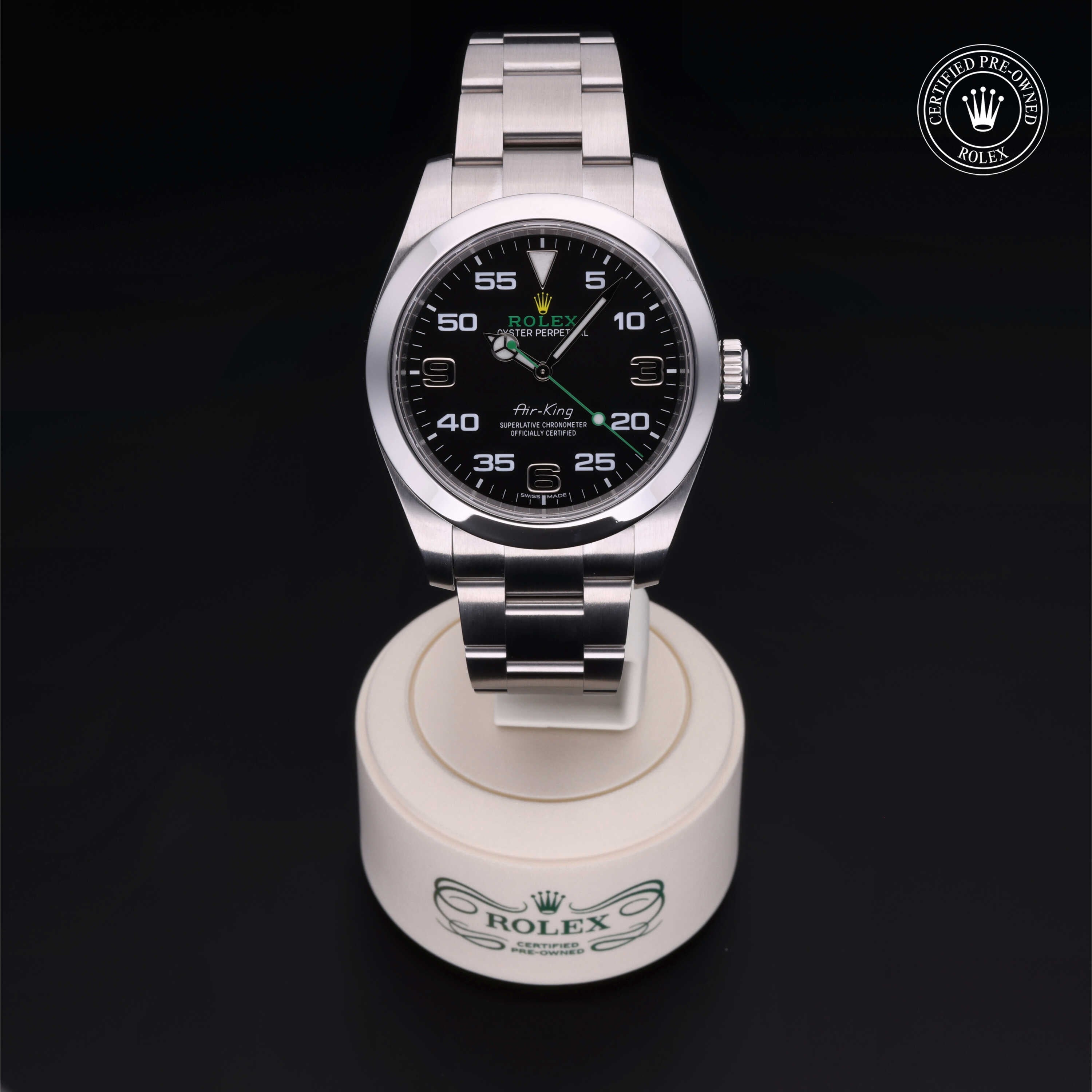 Rolex Certified Pre-owned Air-King M116900-0001 front on black background