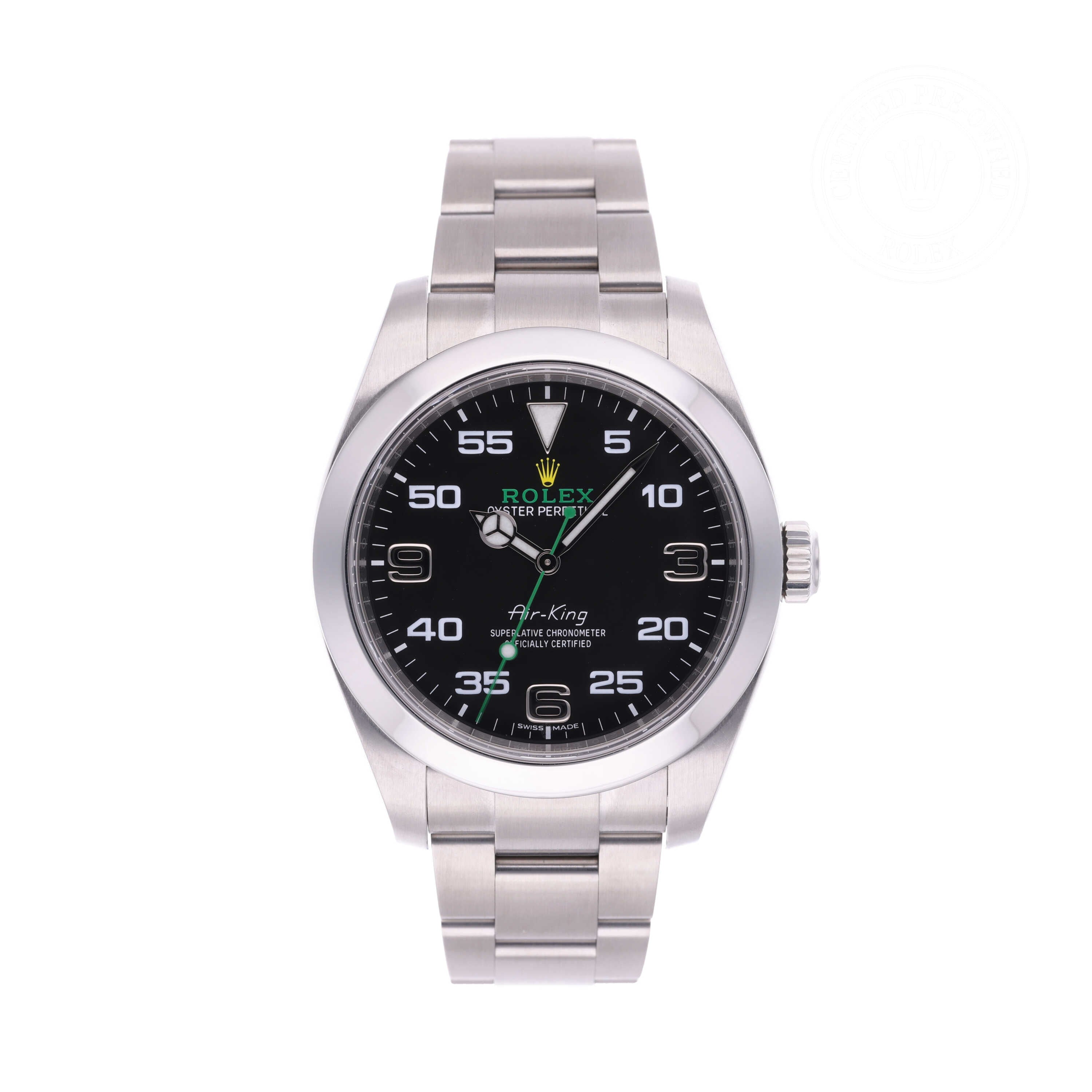 Rolex Certified Pre-owned Air-King M116900-0001 front on white background