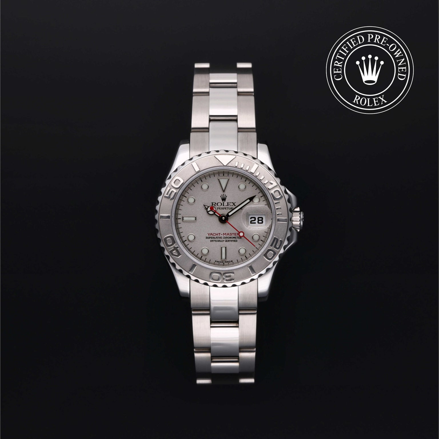 Rolex Certified Pre-owned Yacht-Master M169622-0002 front on black background