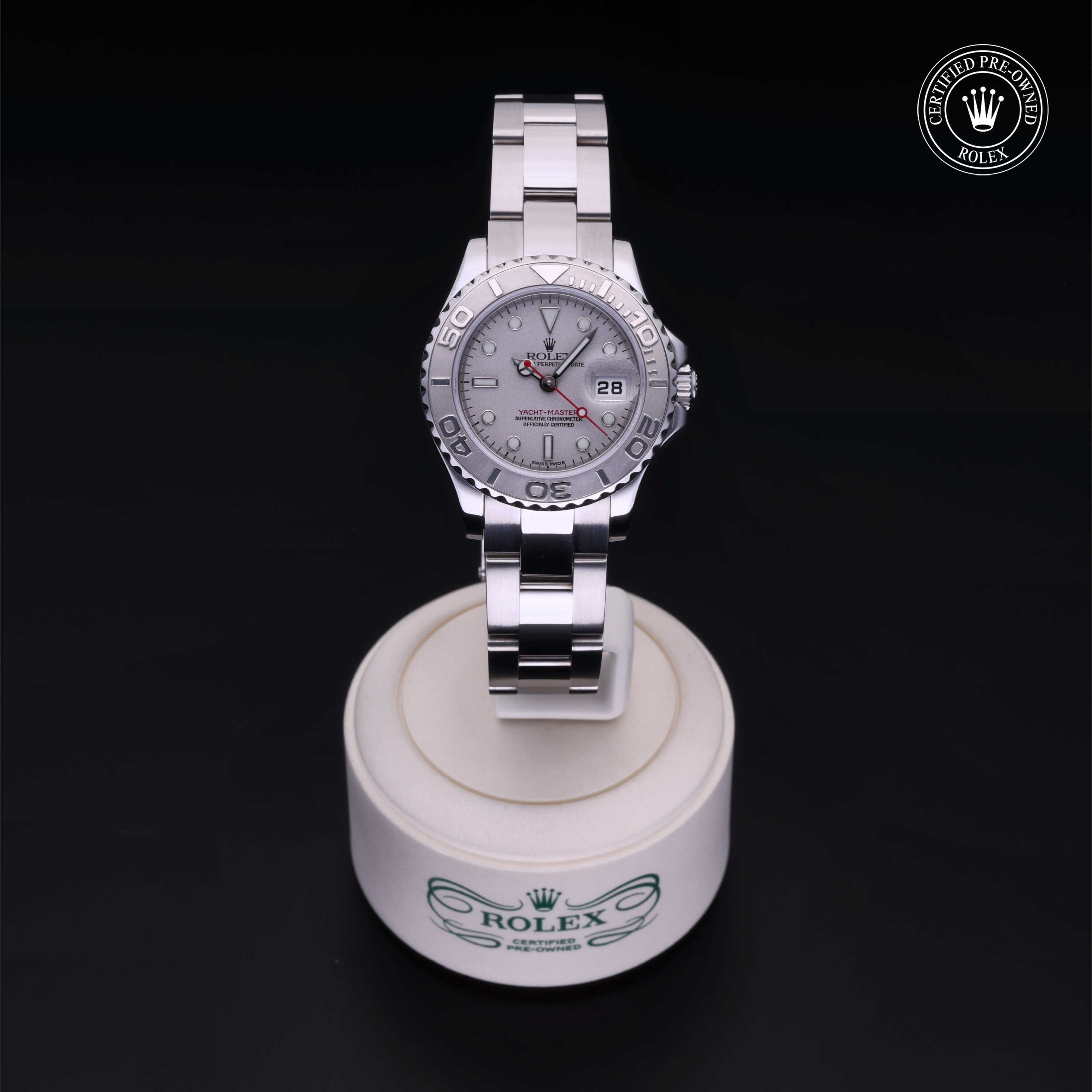 Rolex Certified Pre-owned Yacht-Master M169622-0002 front on black background