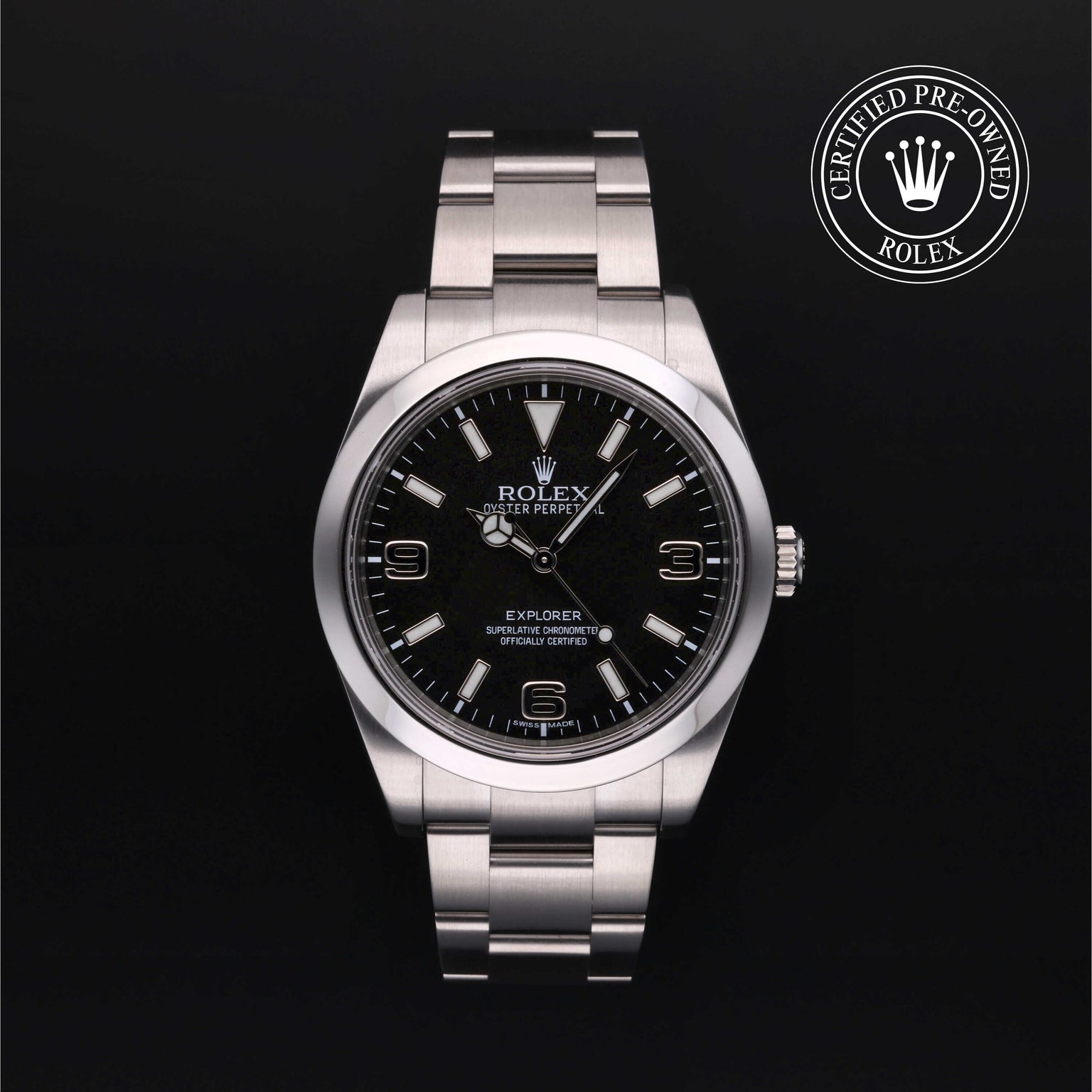 Rolex Certified Pre-owned Explorer M214270-0001 front on black background