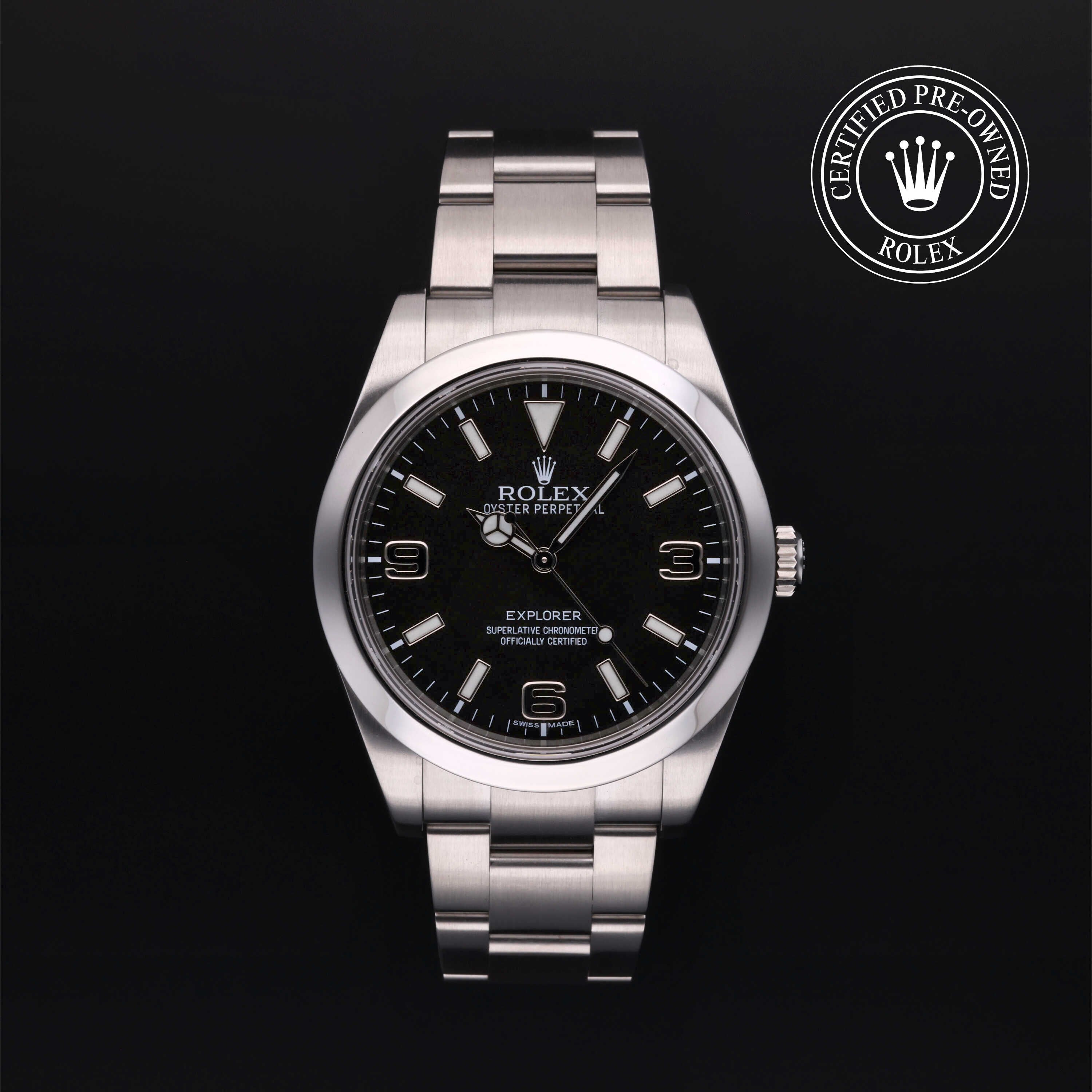 Rolex Certified Pre-owned Explorer M214270-0001 front on black background